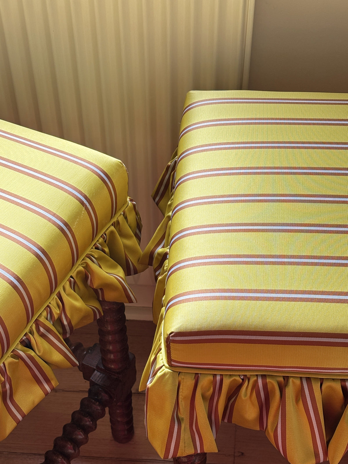 Pair of Reupholstered Spanish-style Bobbin Reel Stools