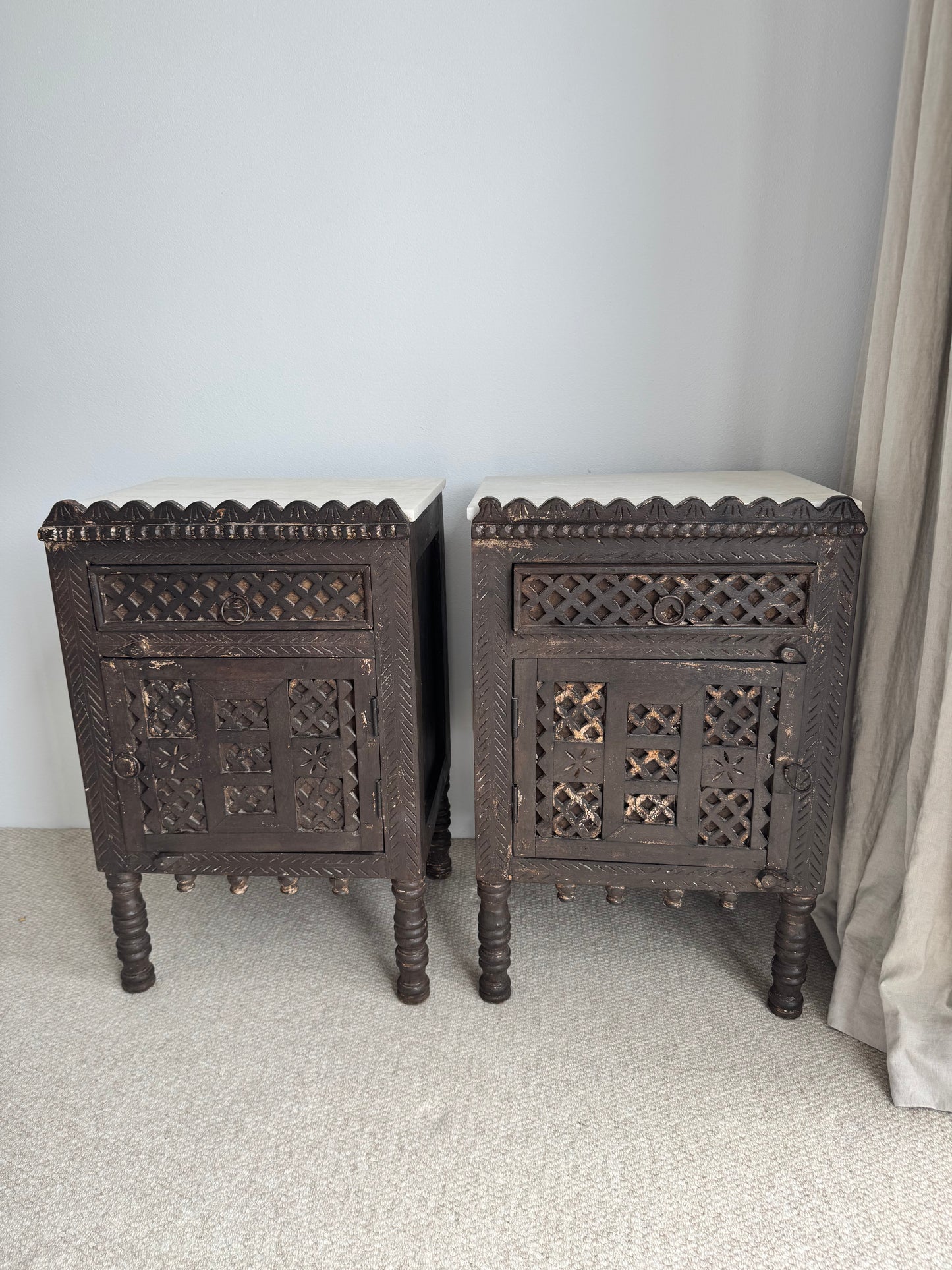 Pair of Antique Indian Carved Majuce Bedside Tables / Nightstands