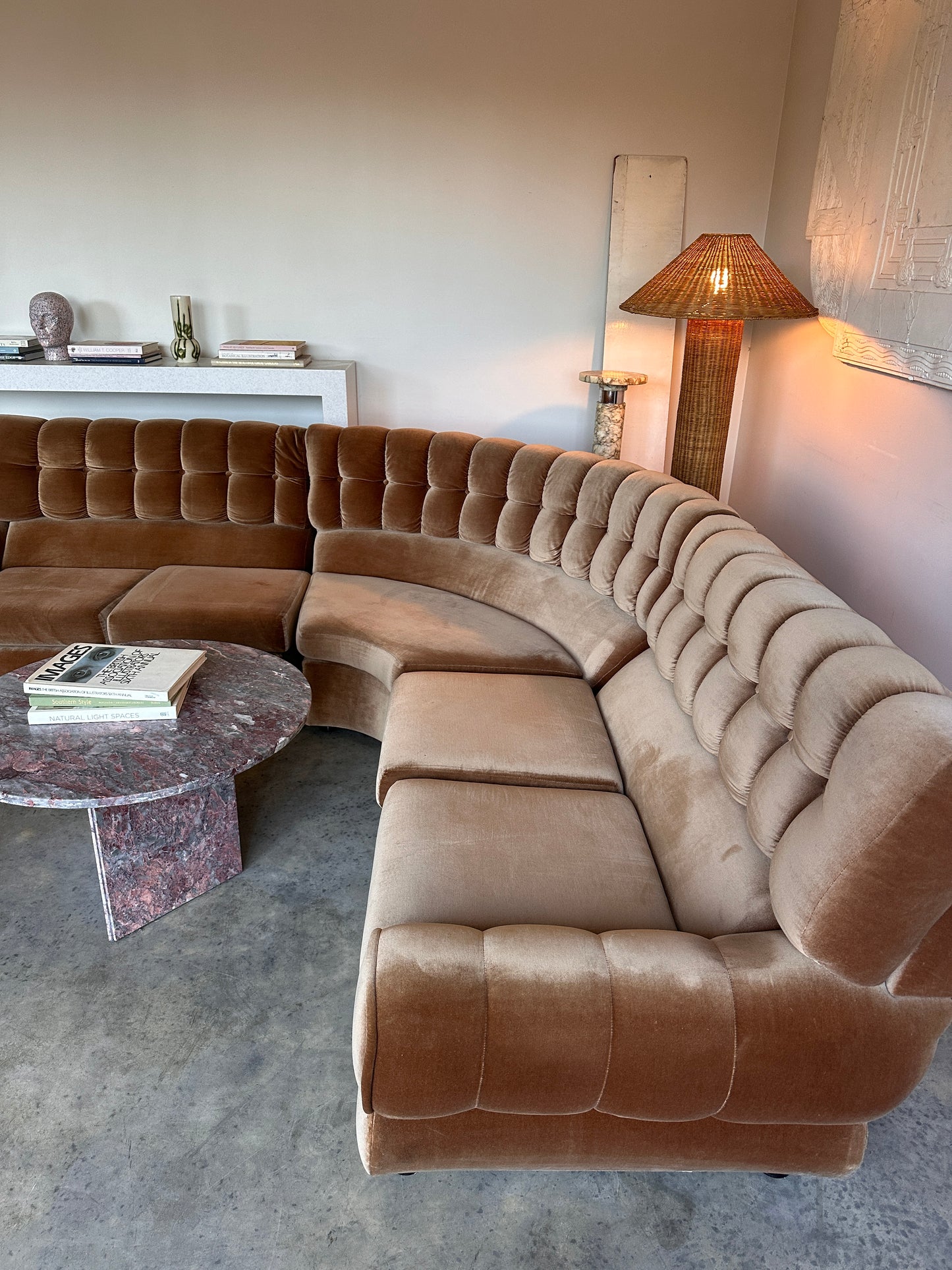 Vintage Tufted Caramel Velvet Curved Sofa
