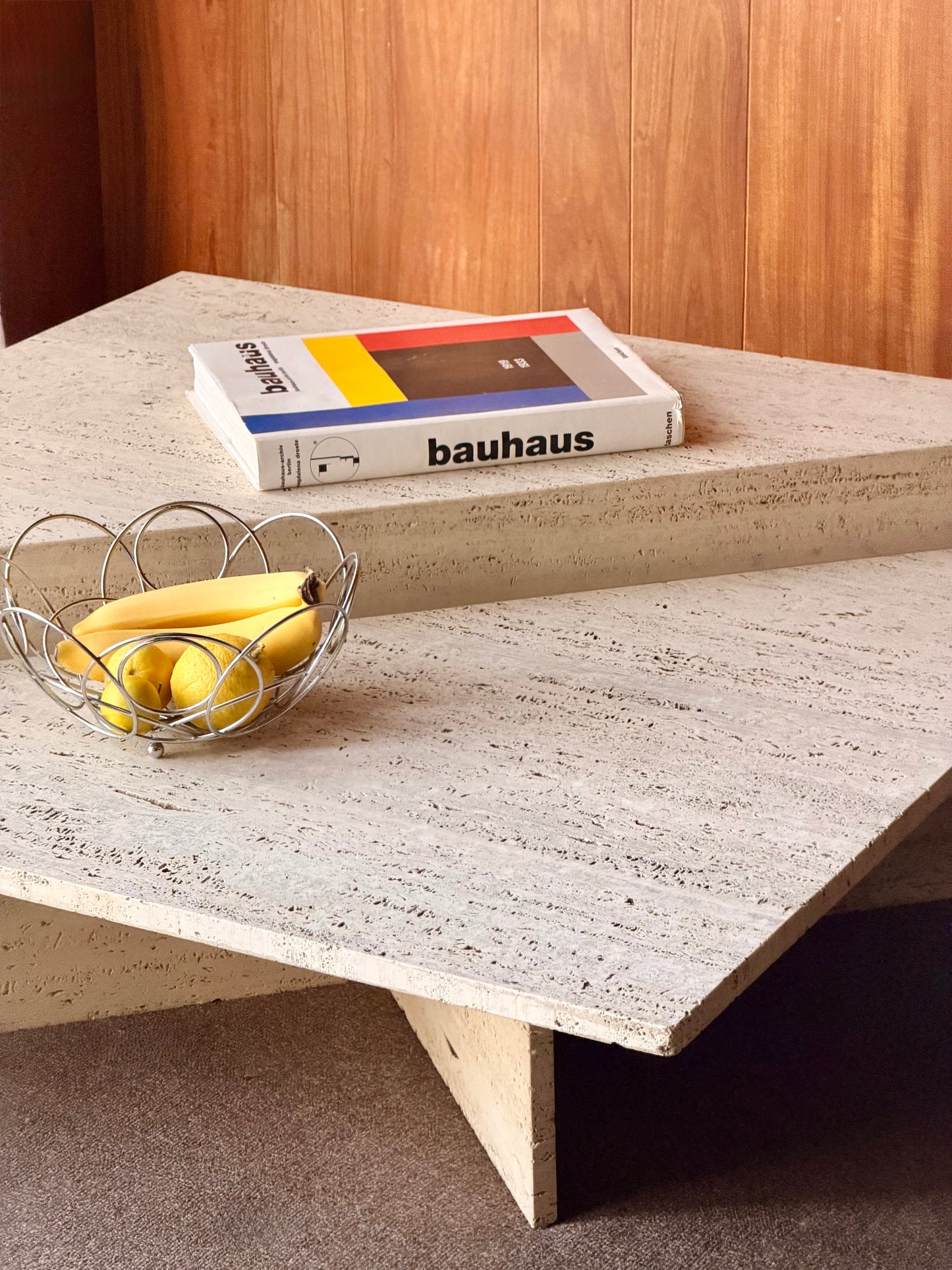 Vintage Triangle Split Level Unfilled Travertine Coffee Table