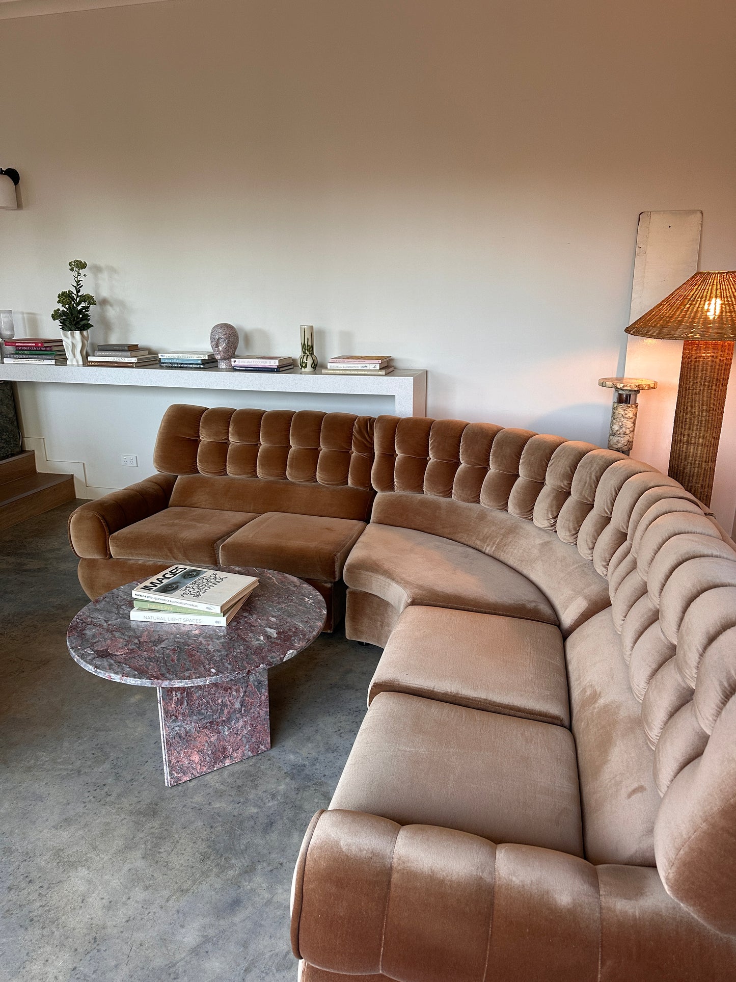 Vintage Tufted Caramel Velvet Curved Sofa