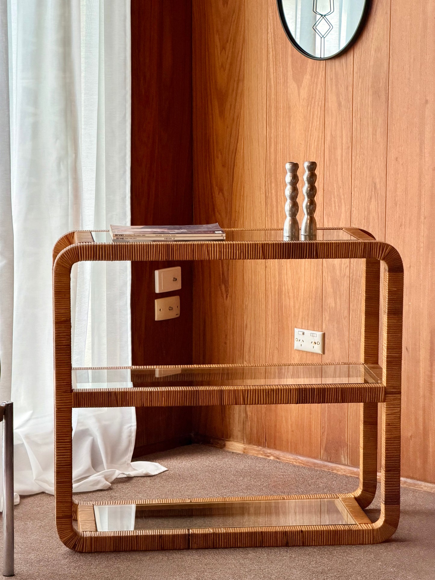 Vintage Glass and Wicker Console Table
