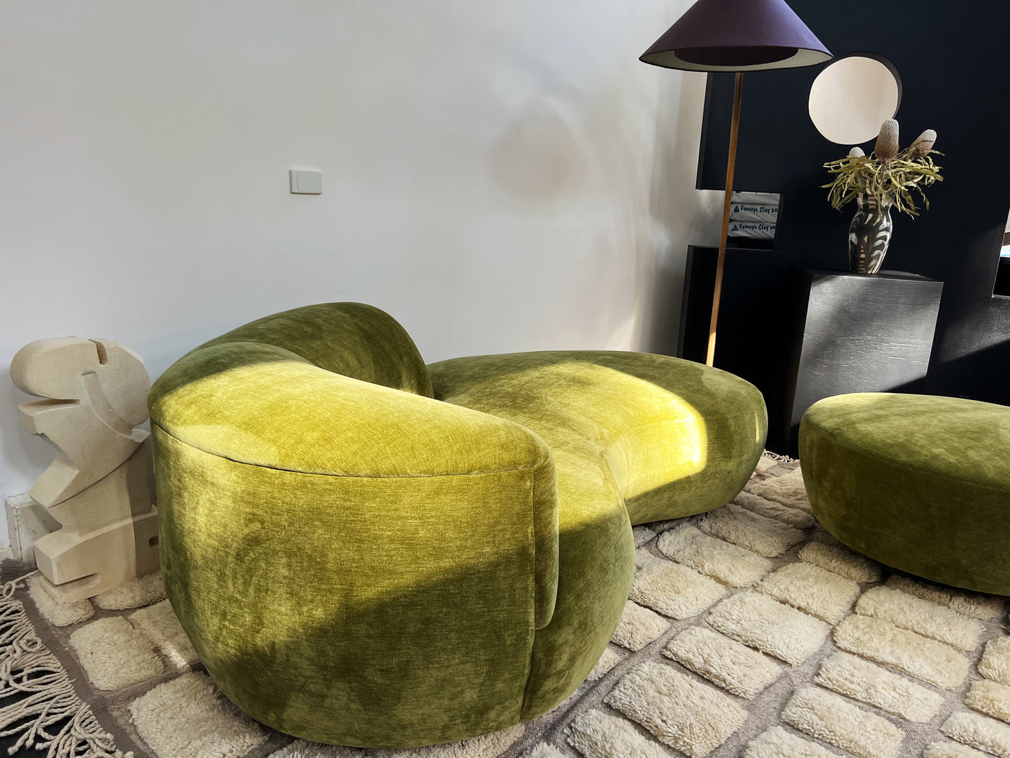 Green Velvet Sofa with Ottoman