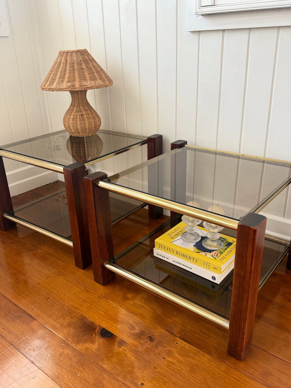 Pair of vintage timber and brass side tables