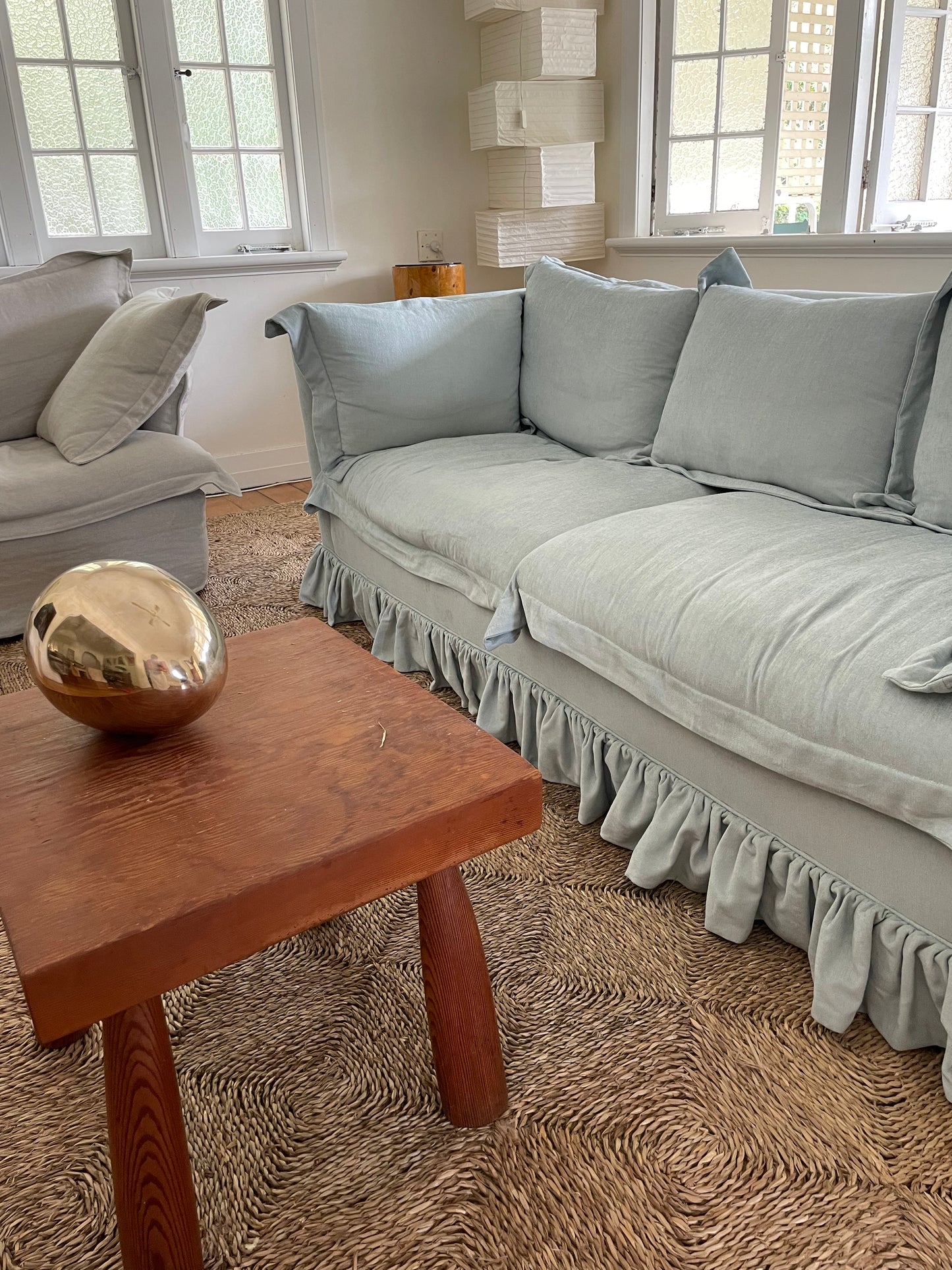Blue Linen Ruffle Sofa
