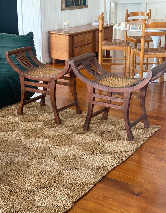 Vintage Timber and Cane Curule Accent Stools
