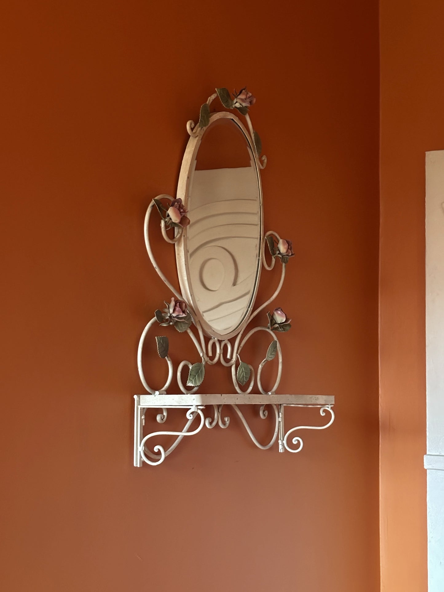 Vintage Tole Hand Painted Mirror with Shelf