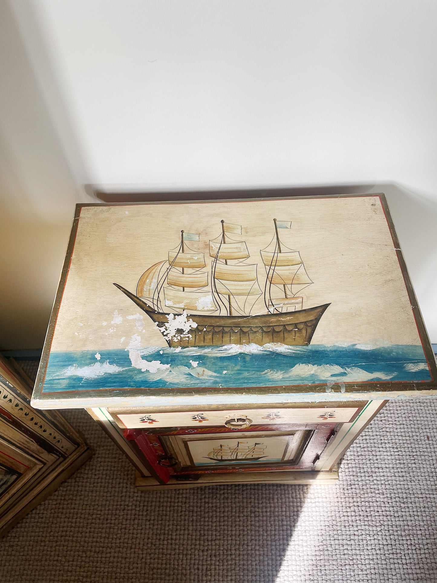 Hand-Painted Indian Nautical Cupboard & Bedside Set