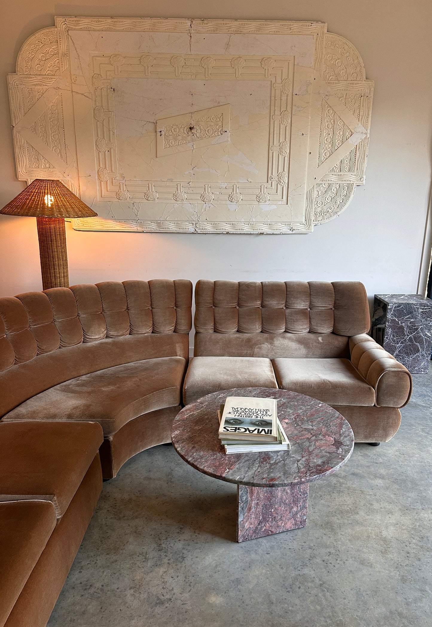 Vintage Tufted Caramel Velvet Curved Sofa