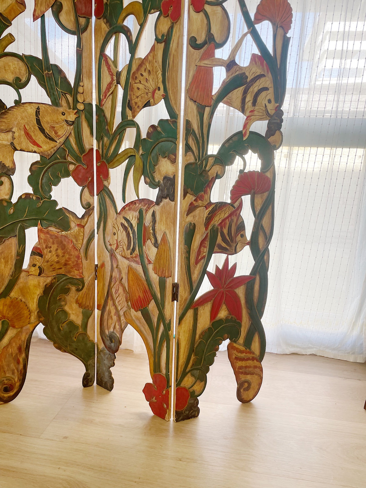 Unique Folk Hand Carved Botanical & Fish Folding Screen