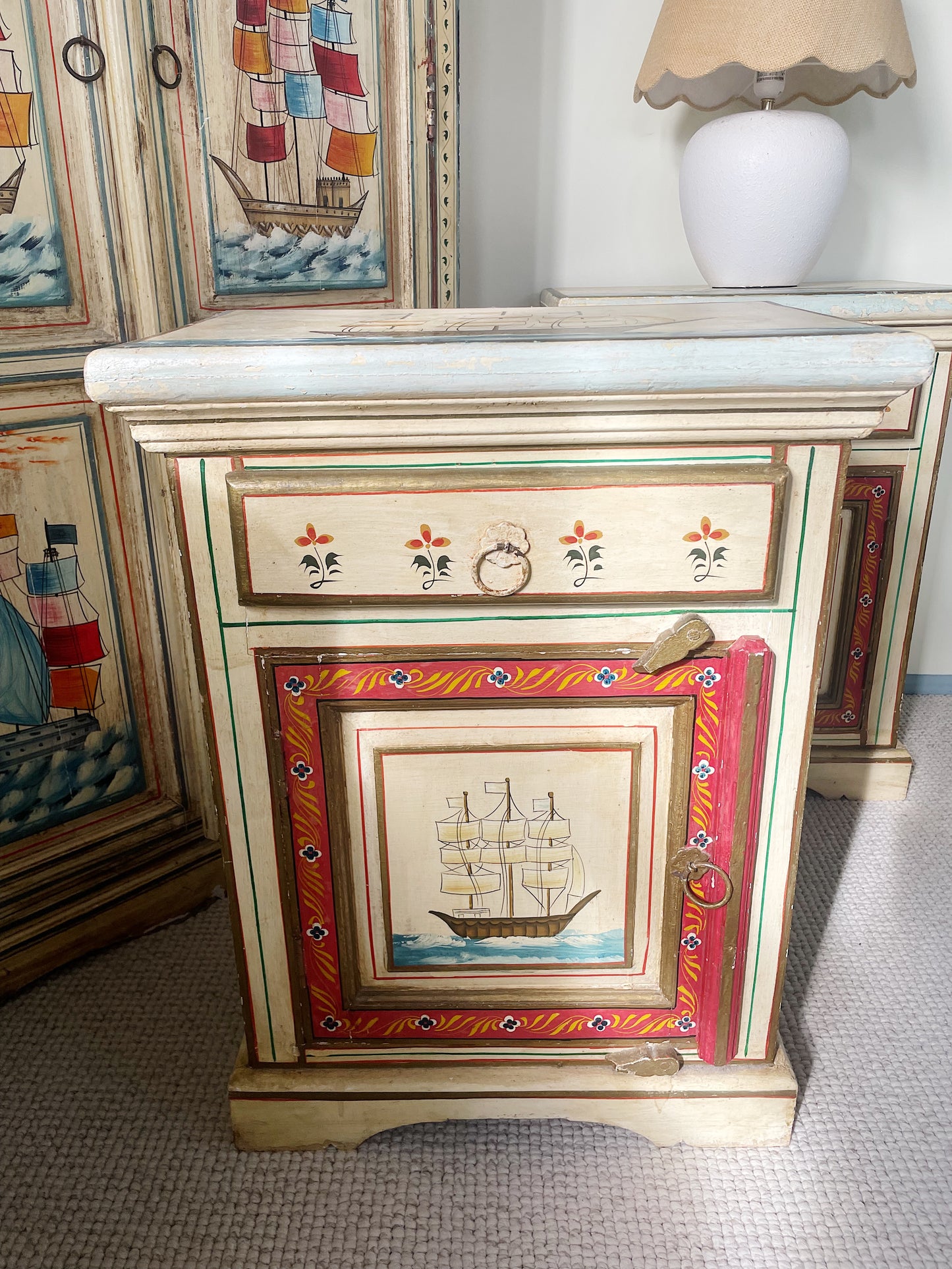 Hand-Painted Indian Nautical Cupboard & Bedside Set
