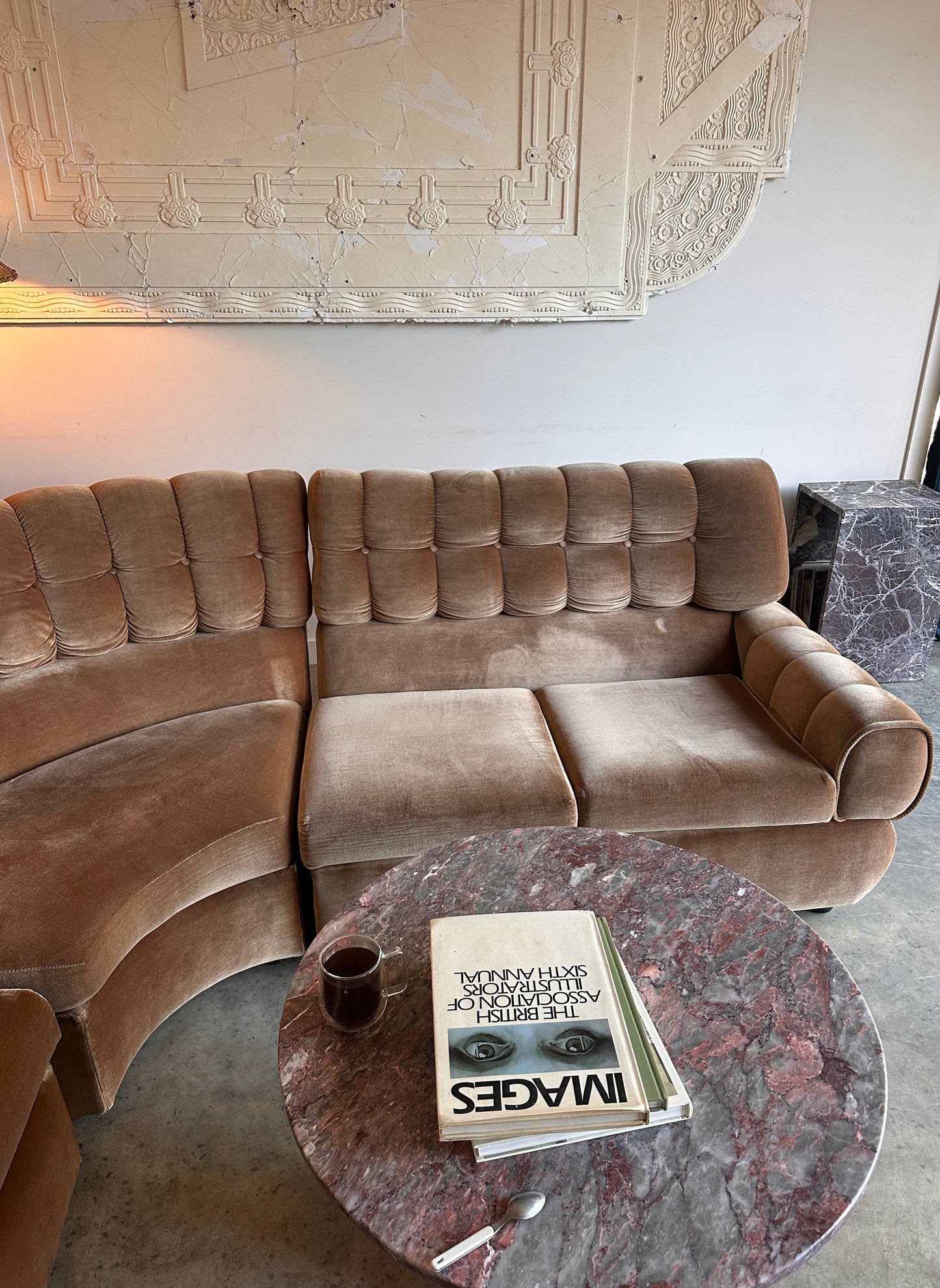Vintage Tufted Caramel Velvet Curved Sofa
