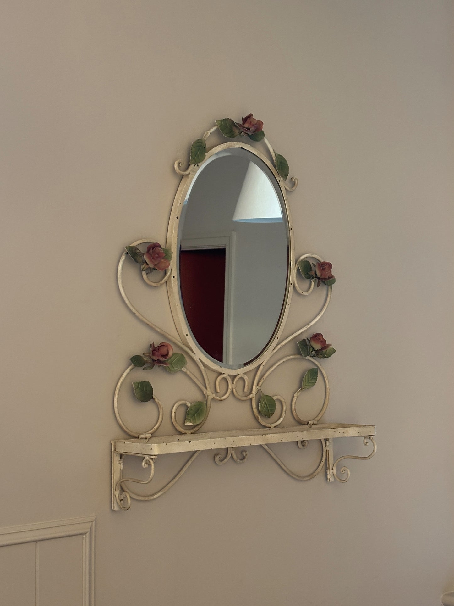 Vintage Tole Hand Painted Mirror with Shelf