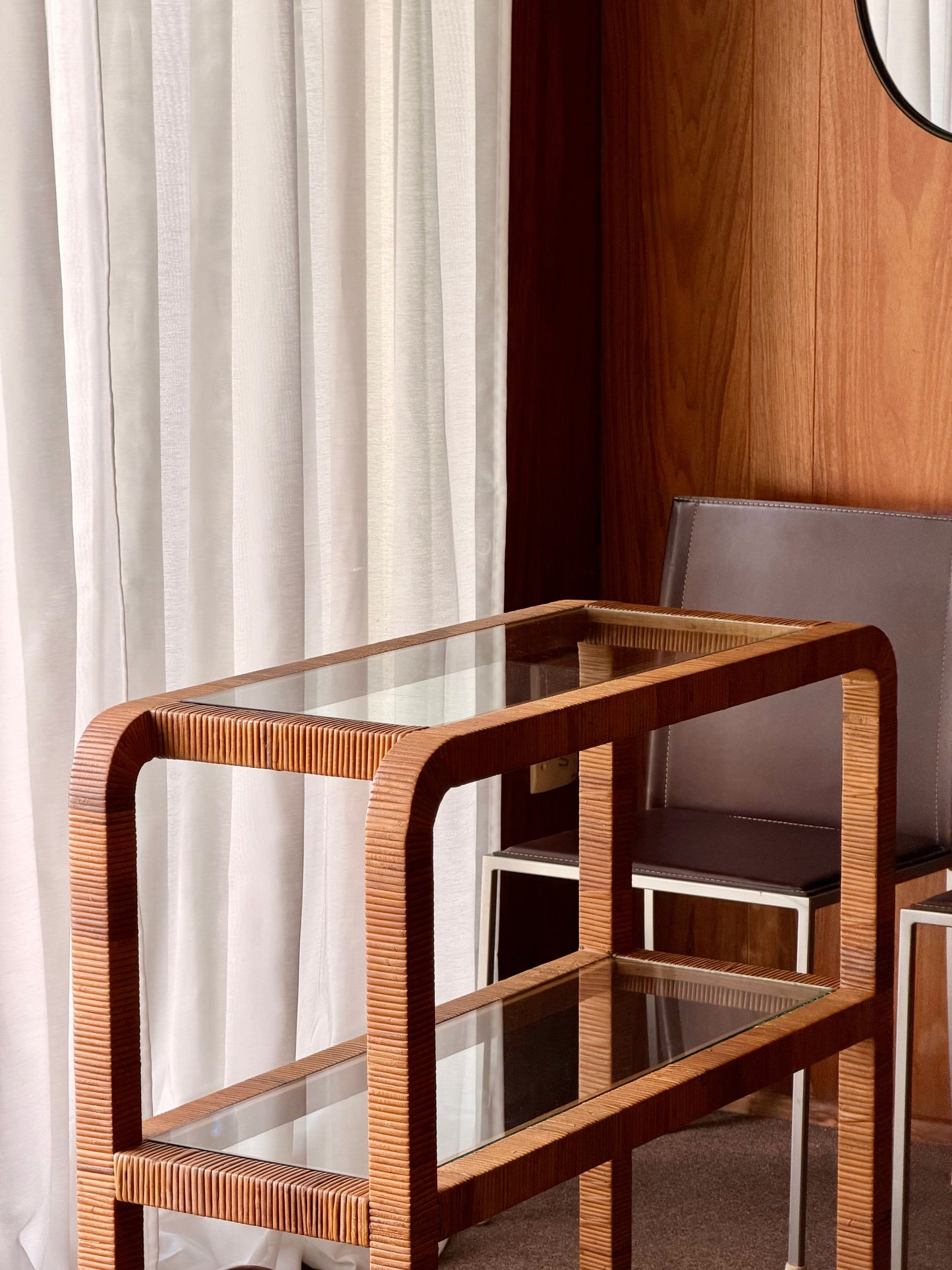 Vintage Glass and Wicker Console Table