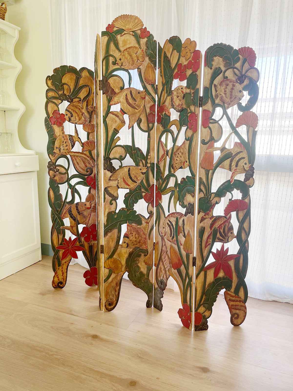 Unique Folk Hand Carved Botanical & Fish Folding Screen