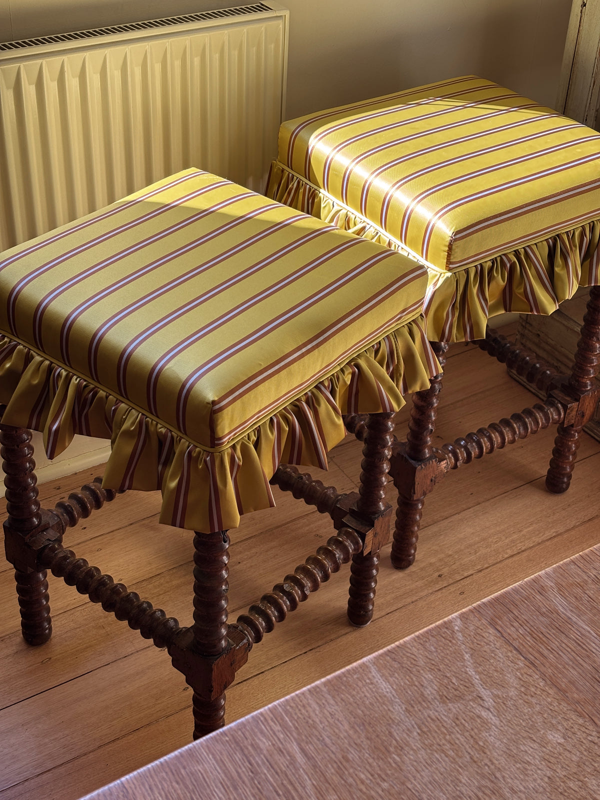 Pair of Reupholstered Spanish-style Bobbin Reel Stools