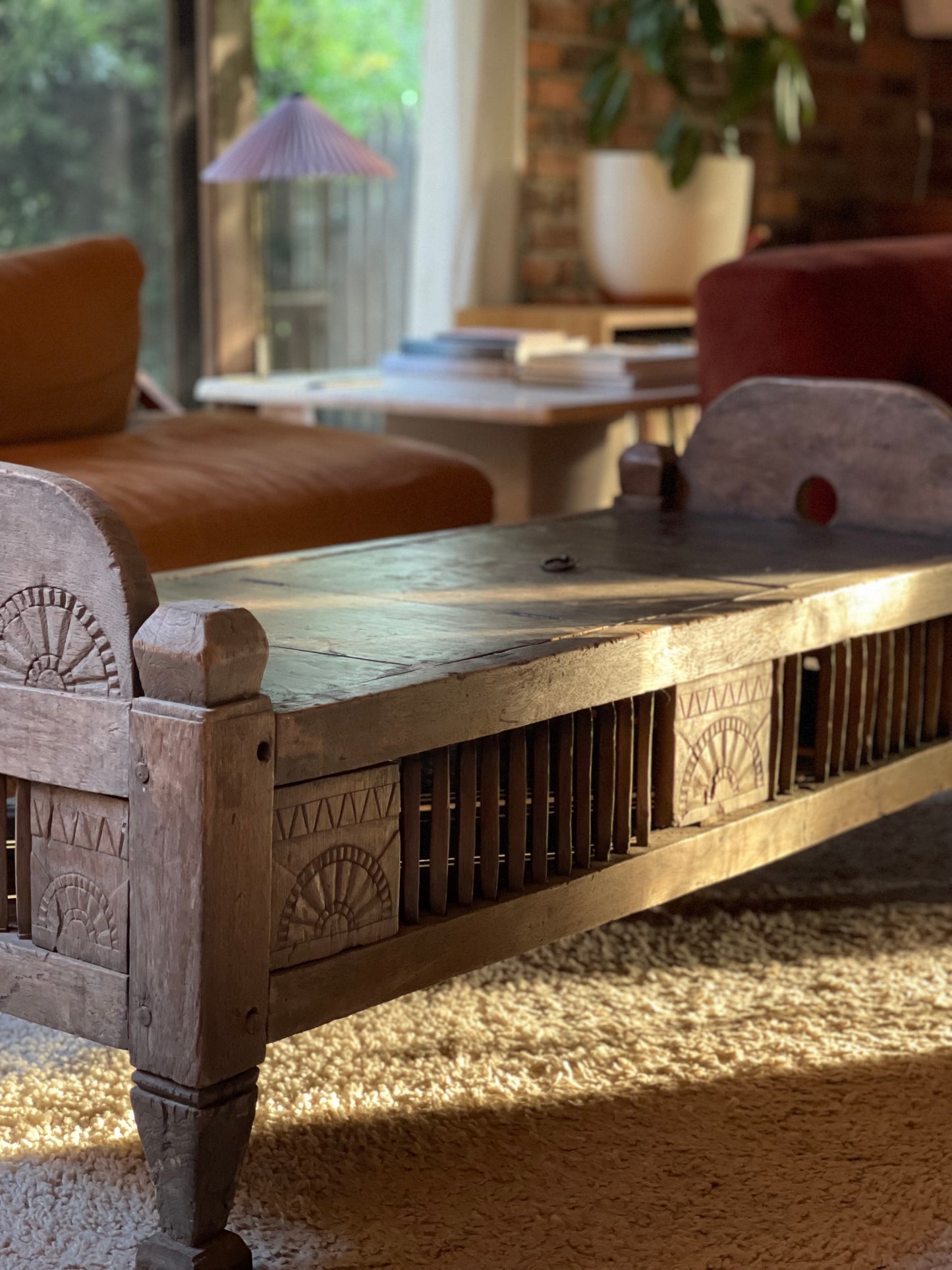Indonesian Hand Carved Timber Table with Storage