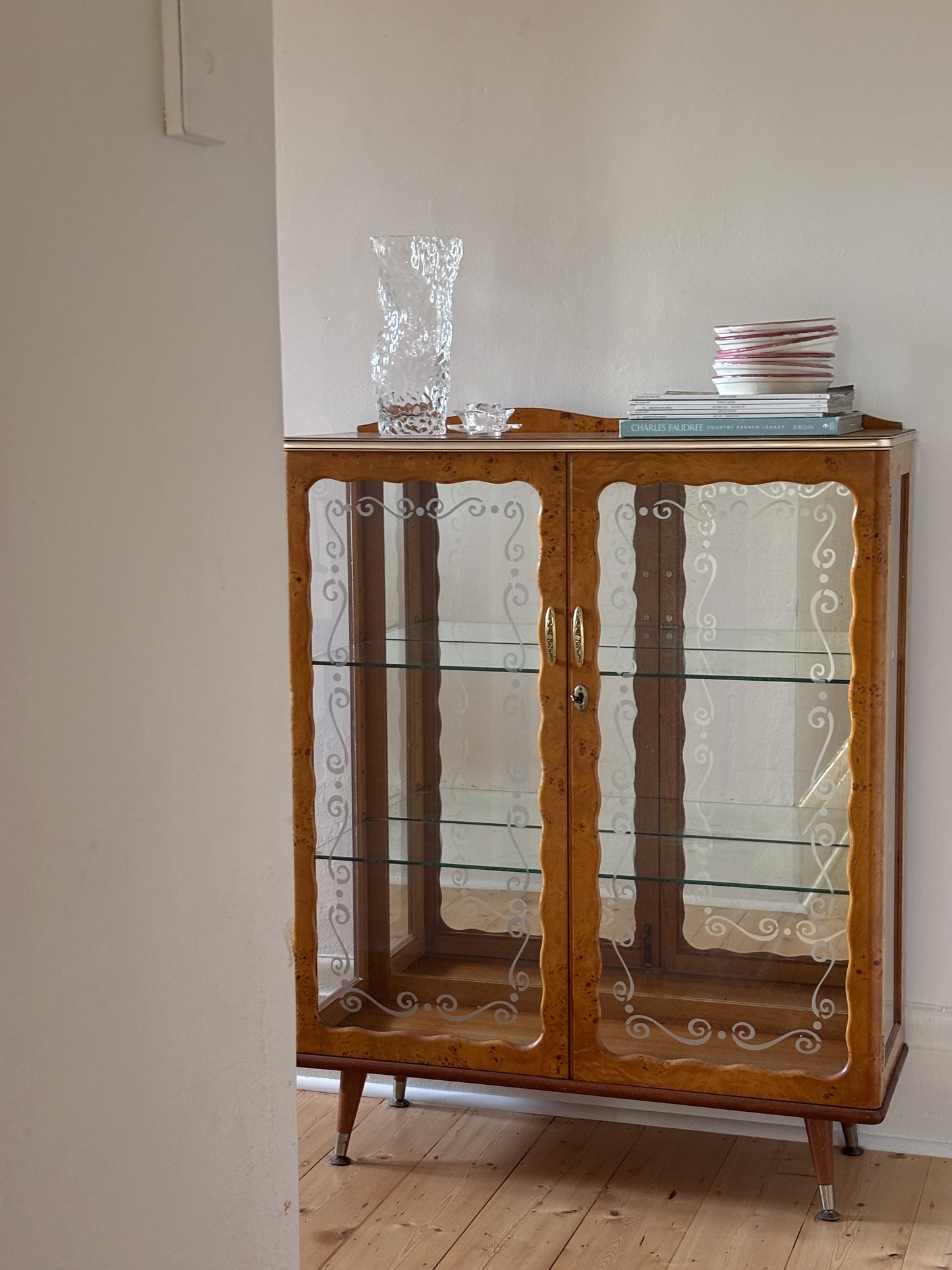 Vintage 1950s Burl & Glass Cabinet