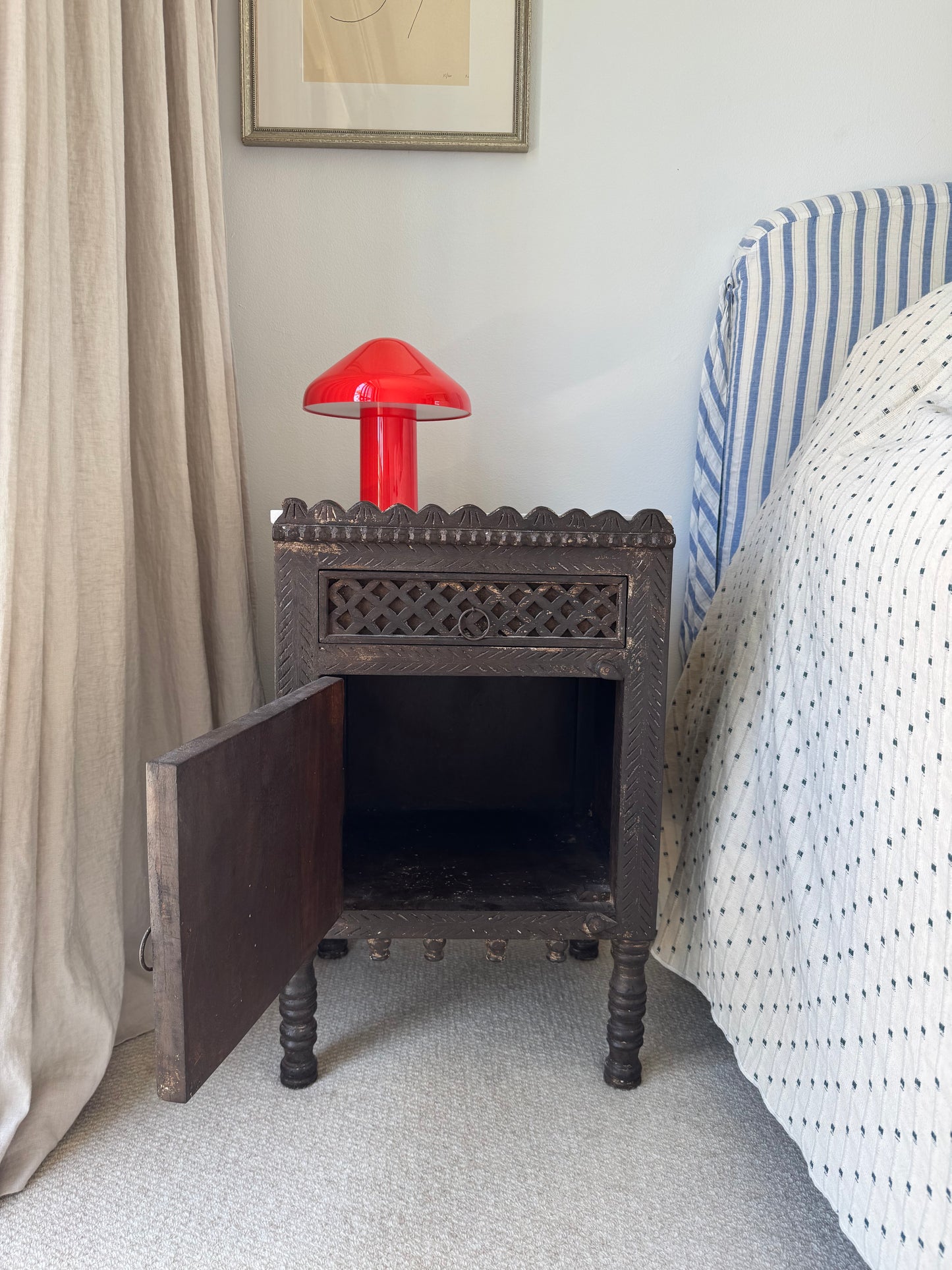 Pair of Antique Indian Carved Majuce Bedside Tables / Nightstands