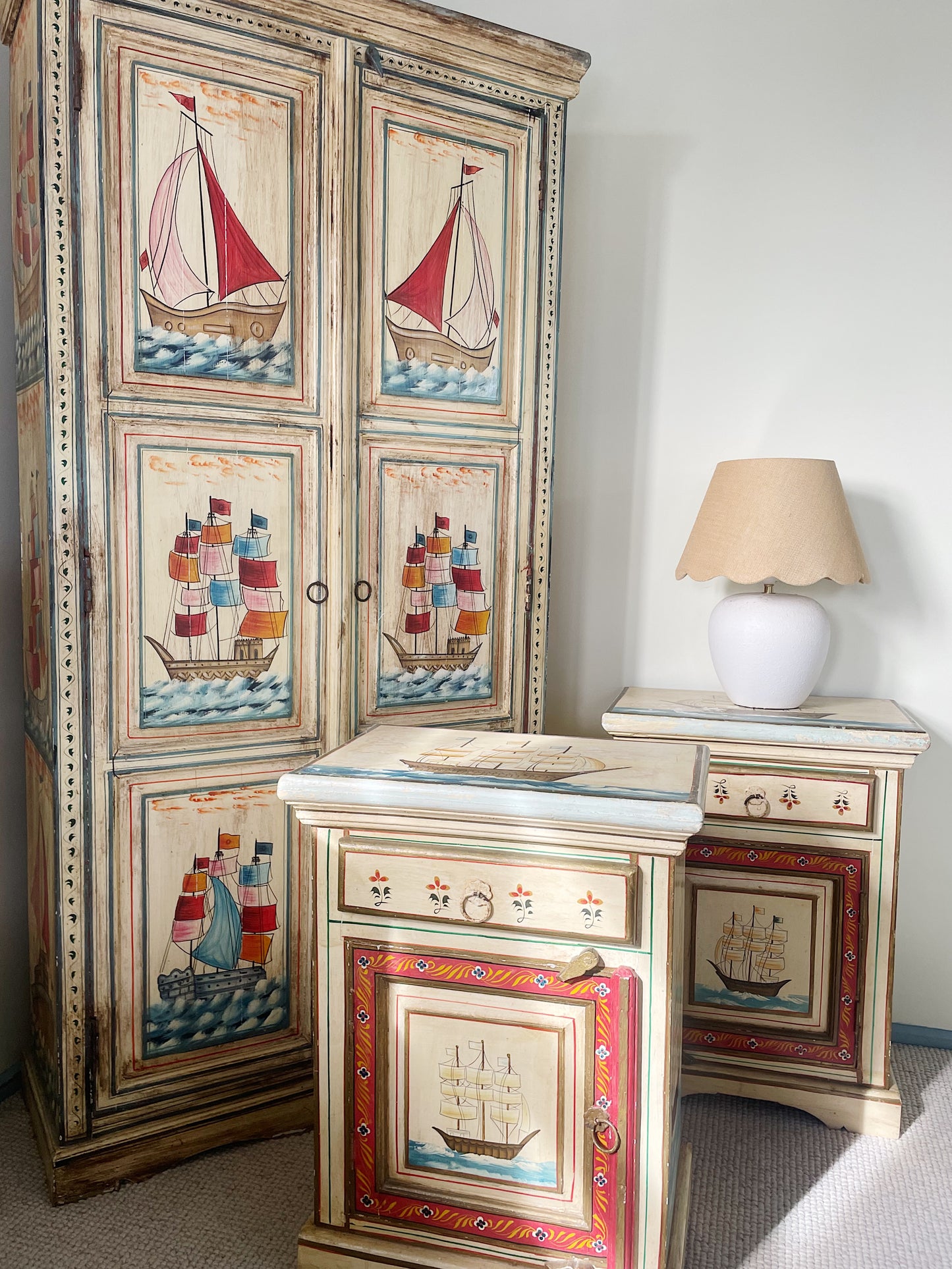 Hand-Painted Indian Nautical Cupboard & Bedside Set