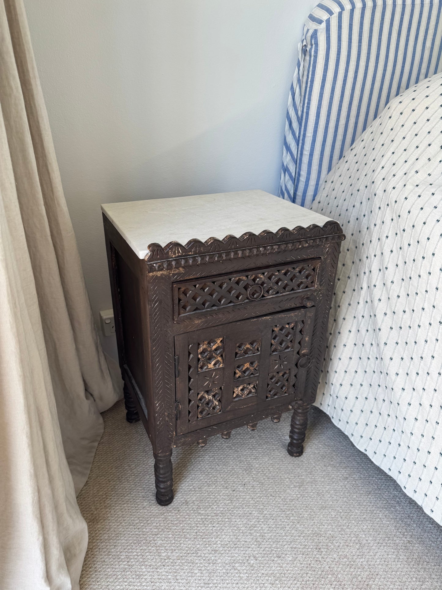 Pair of Antique Indian Carved Majuce Bedside Tables / Nightstands