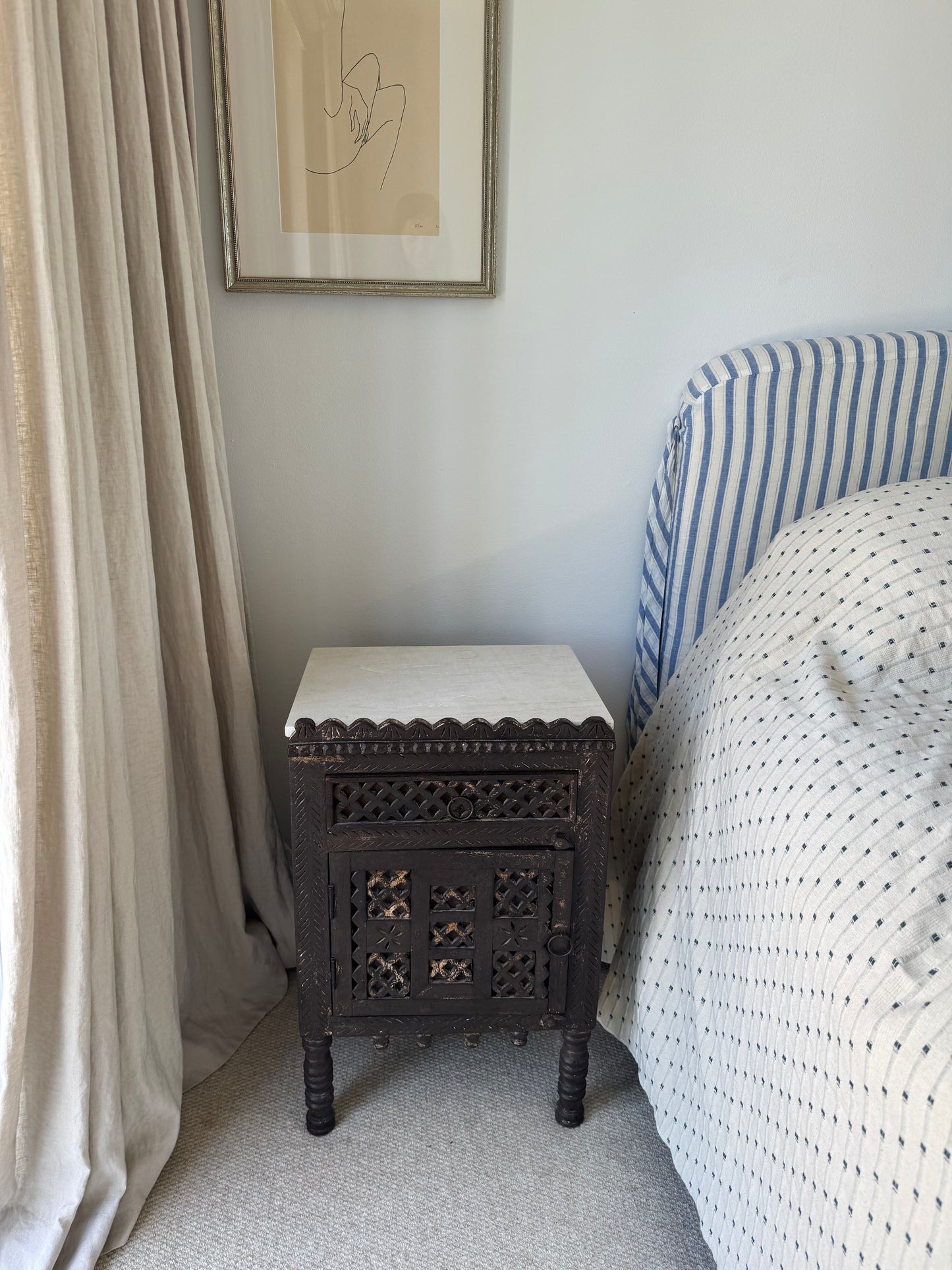 Pair of Antique Indian Carved Majuce Bedside Tables / Nightstands