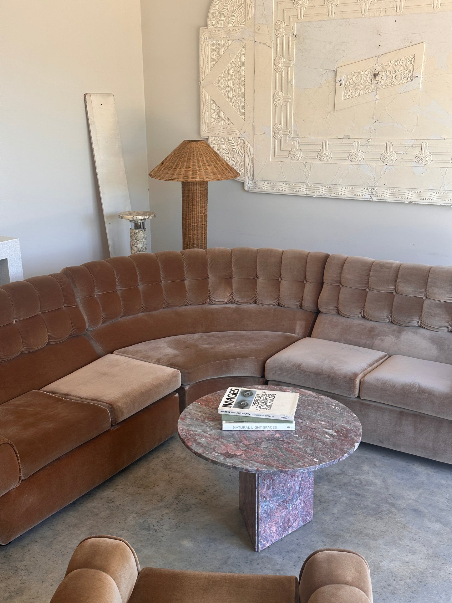 Vintage Tufted Caramel Velvet Curved Sofa