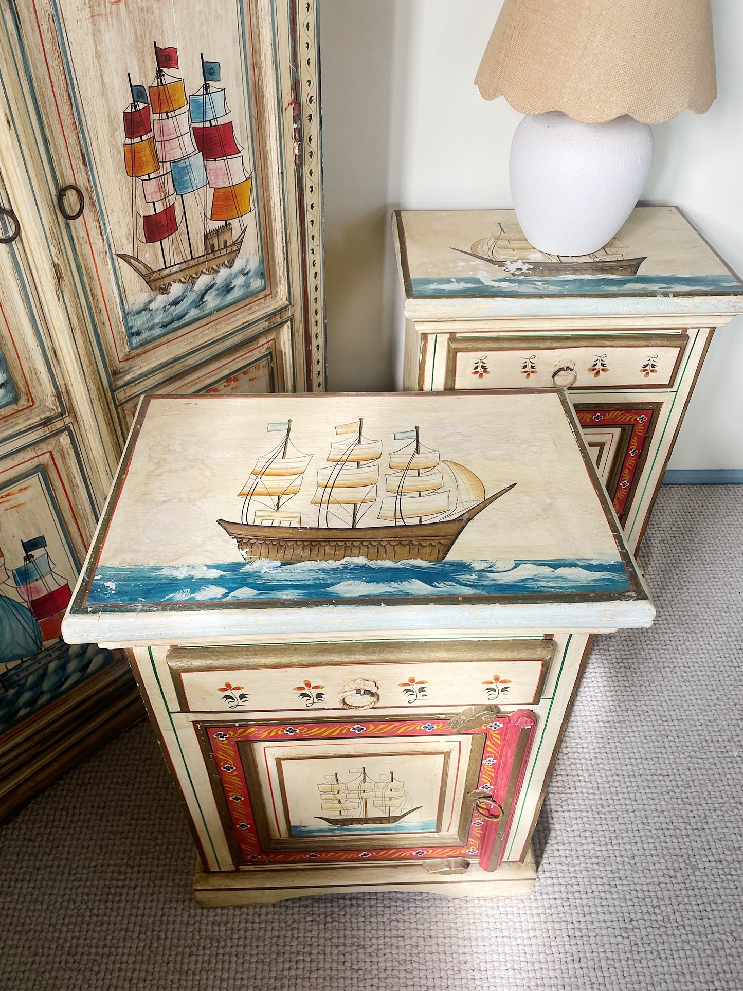 Hand-Painted Indian Nautical Cupboard & Bedside Set