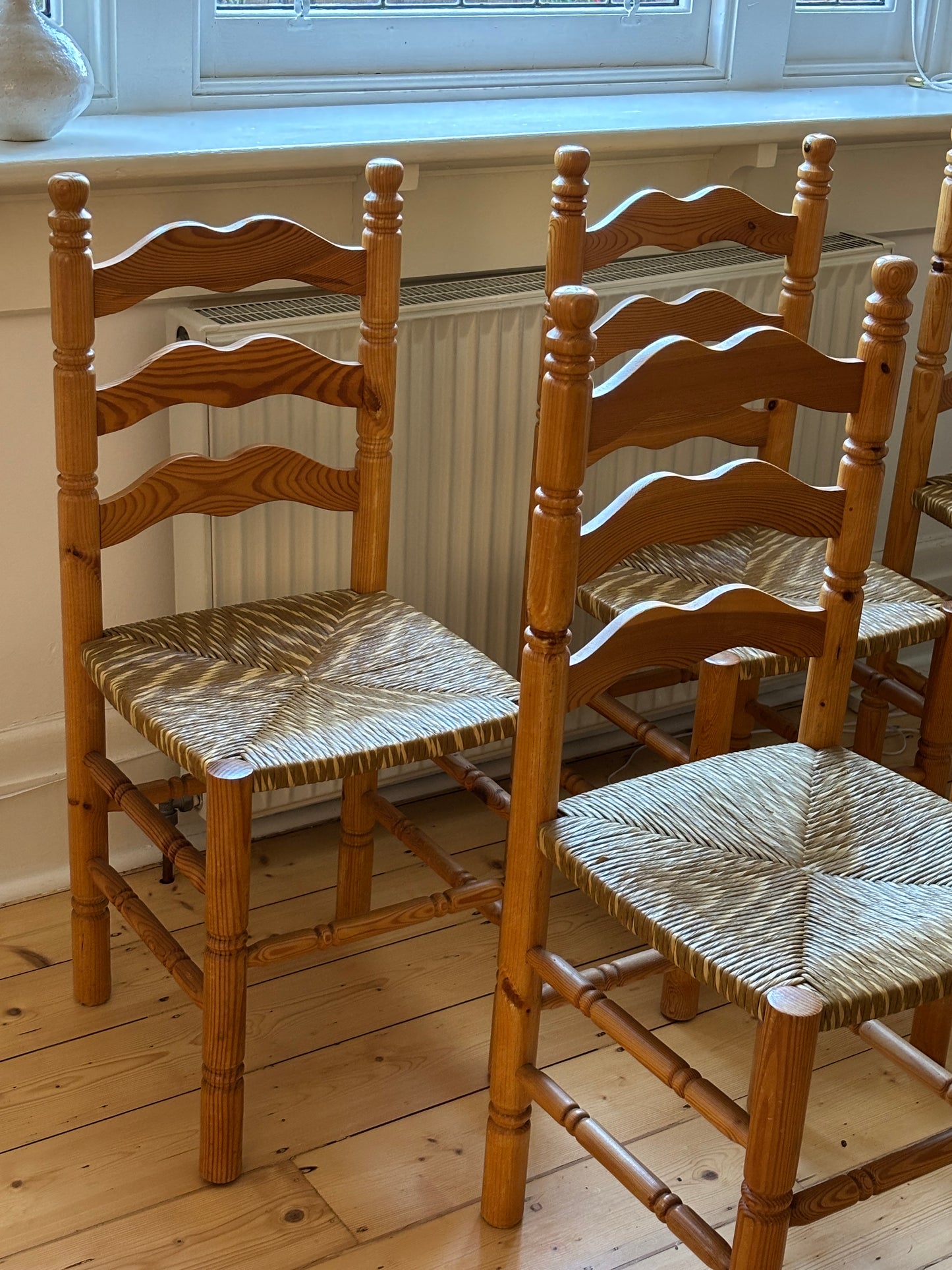 Set of Six Vintage Pine Dining Chairs
