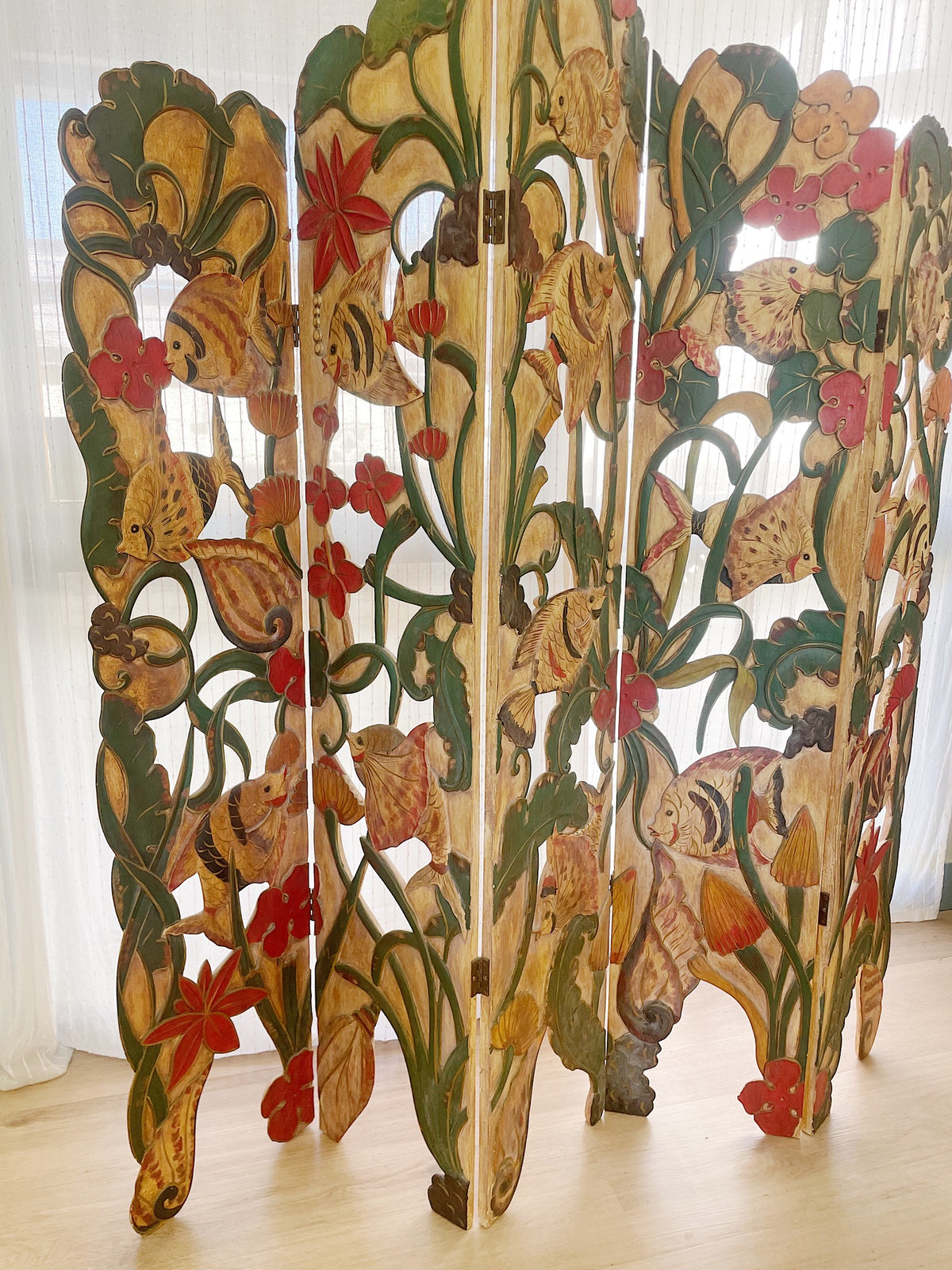 Unique Folk Hand Carved Botanical & Fish Folding Screen