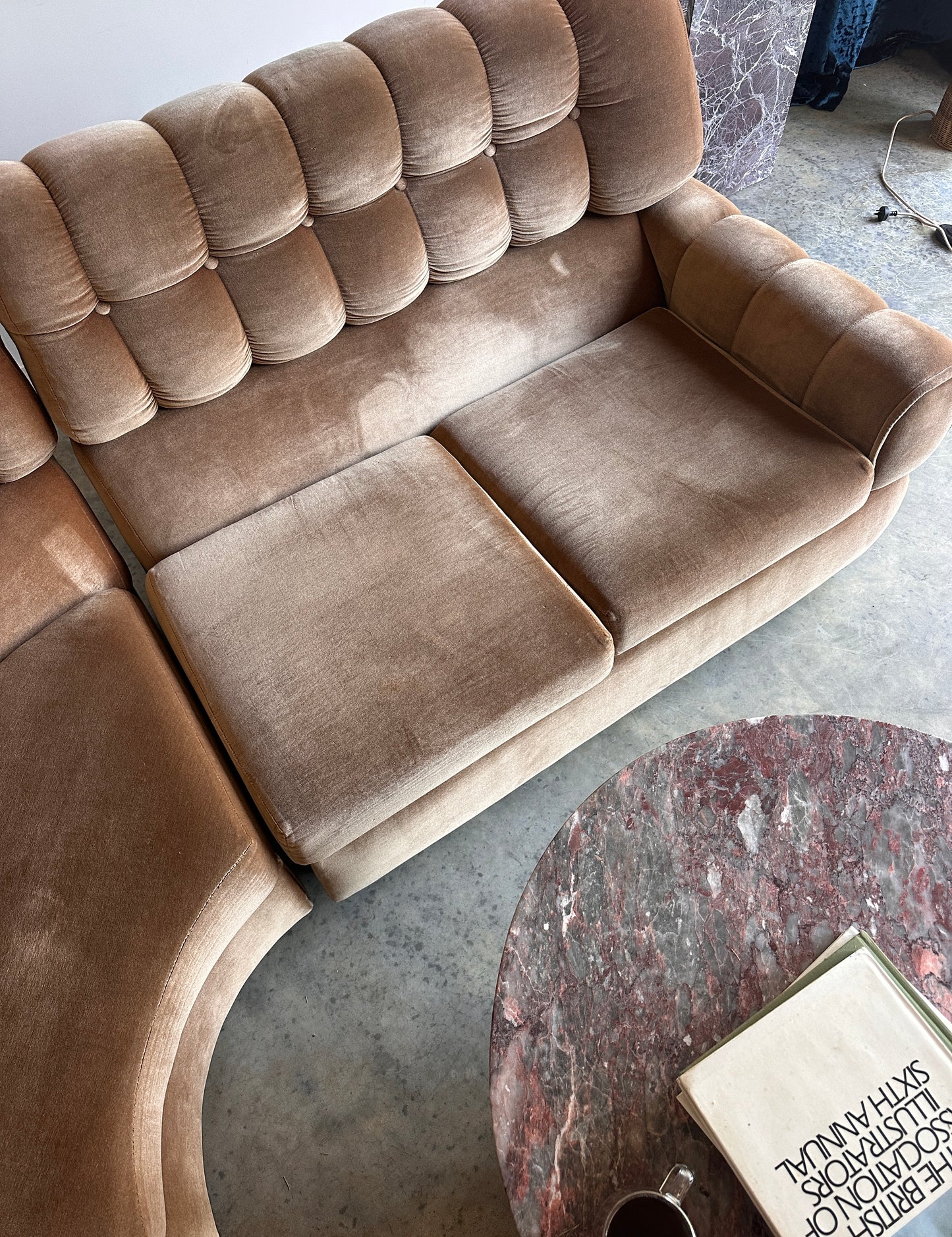 Vintage Tufted Caramel Velvet Curved Sofa