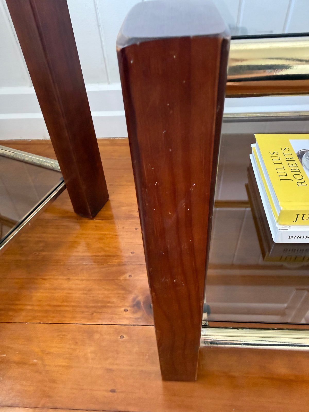 Pair of vintage timber and brass side tables