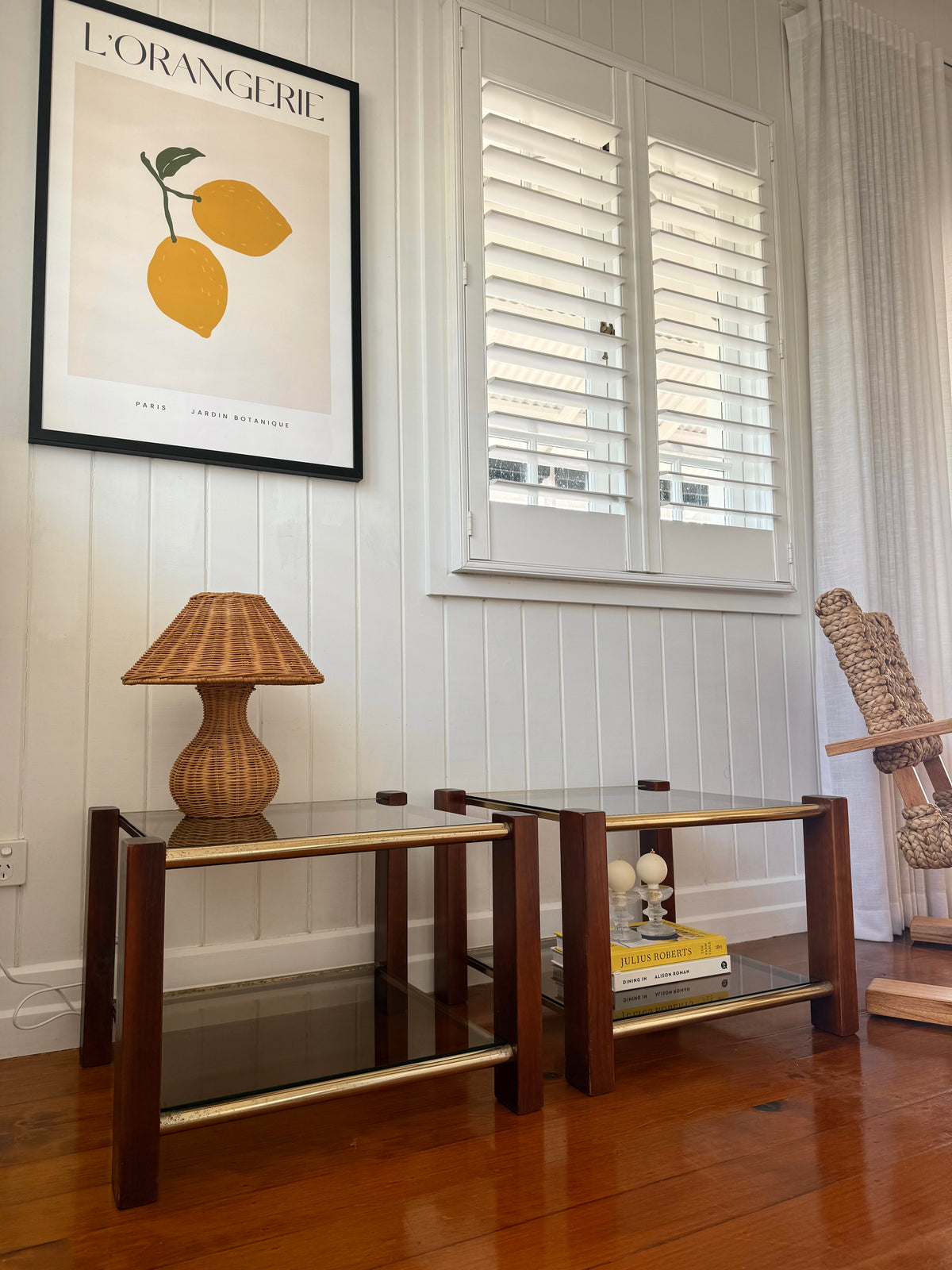 Pair of vintage timber and brass side tables