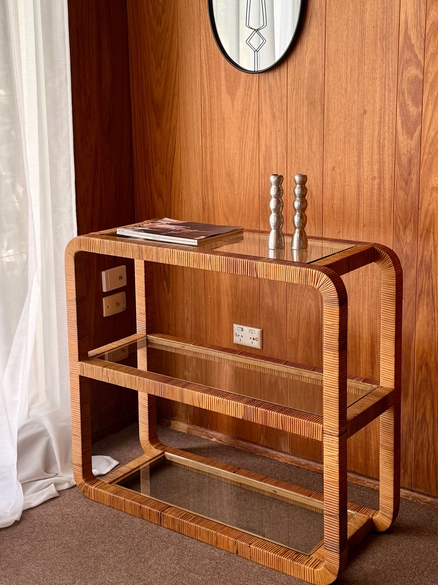 Vintage Glass and Wicker Console Table