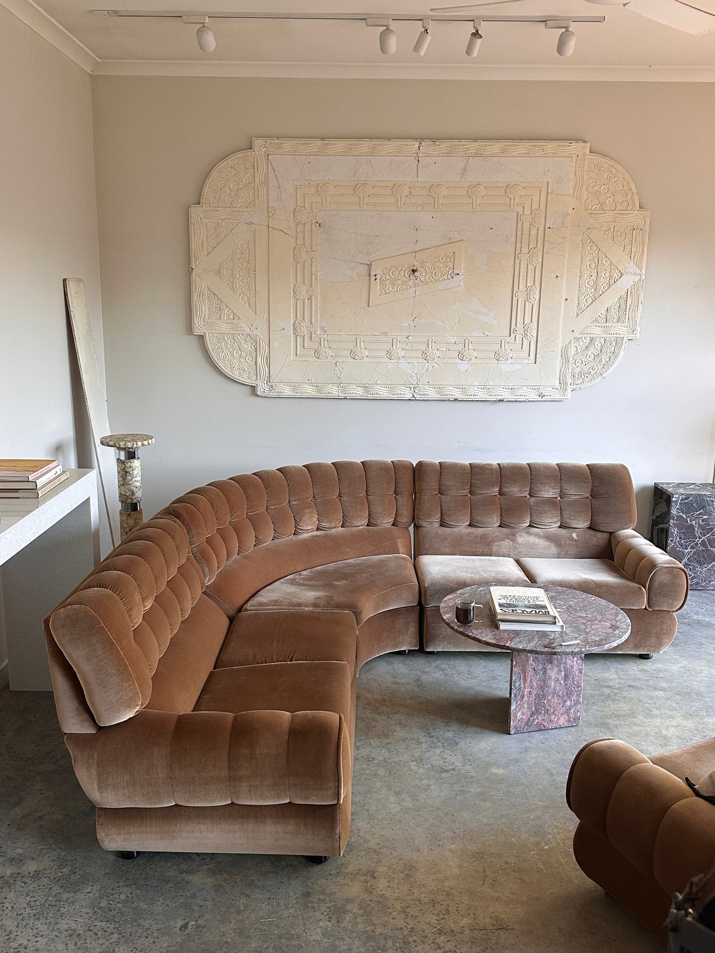 Vintage Tufted Caramel Velvet Curved Sofa