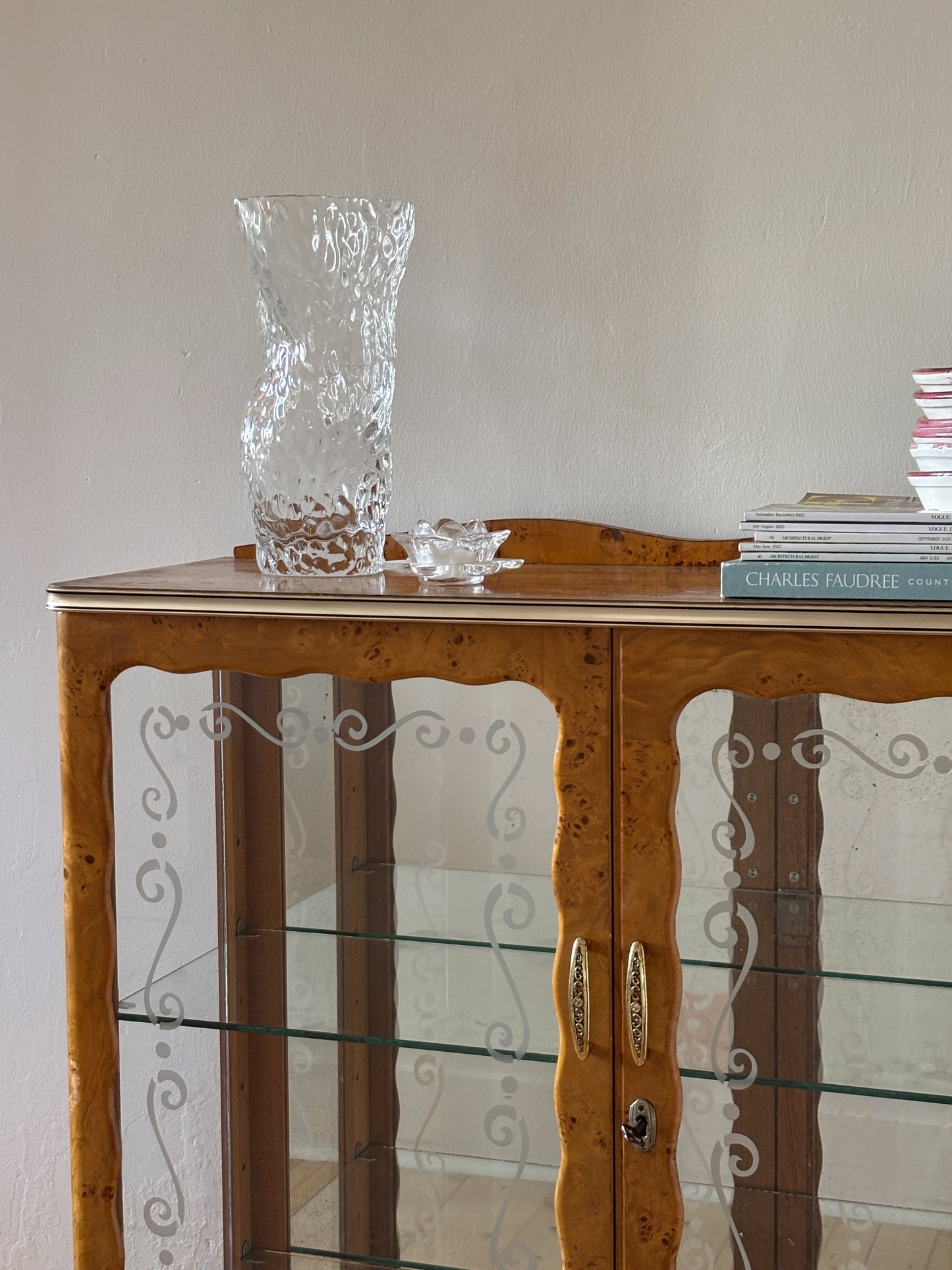 Vintage 1950s Burl & Glass Cabinet