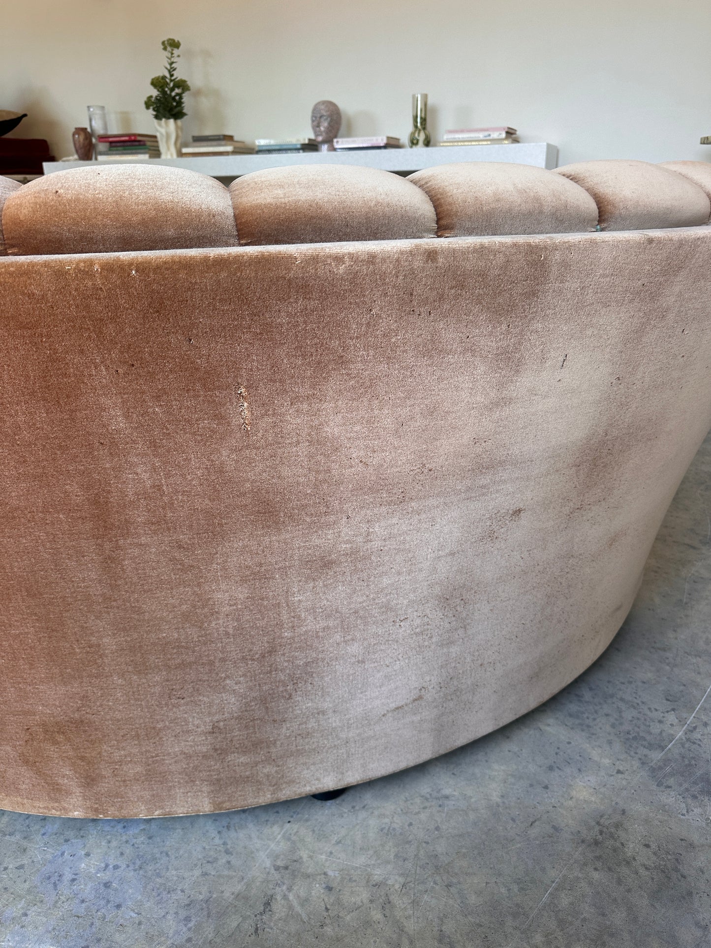 Vintage Tufted Caramel Velvet Curved Sofa