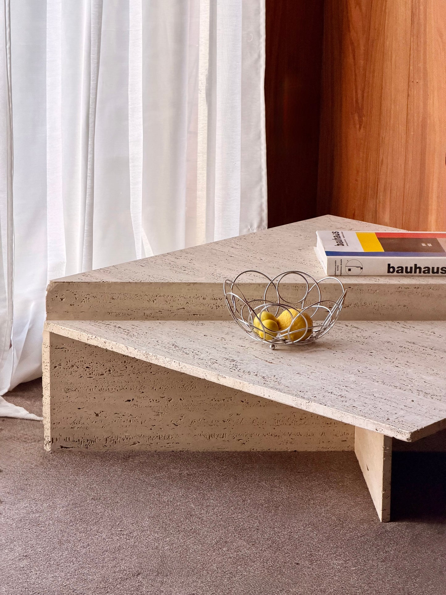 Vintage Triangle Split Level Unfilled Travertine Coffee Table