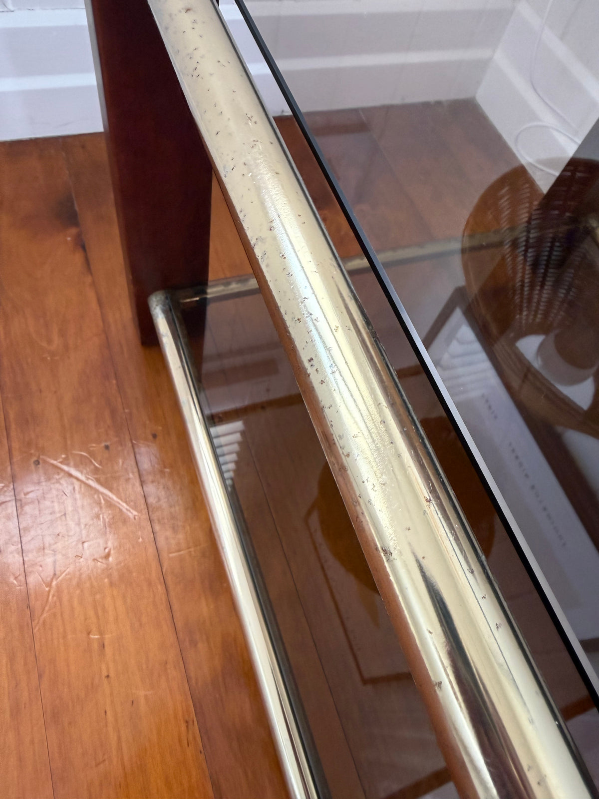 Pair of vintage timber and brass side tables