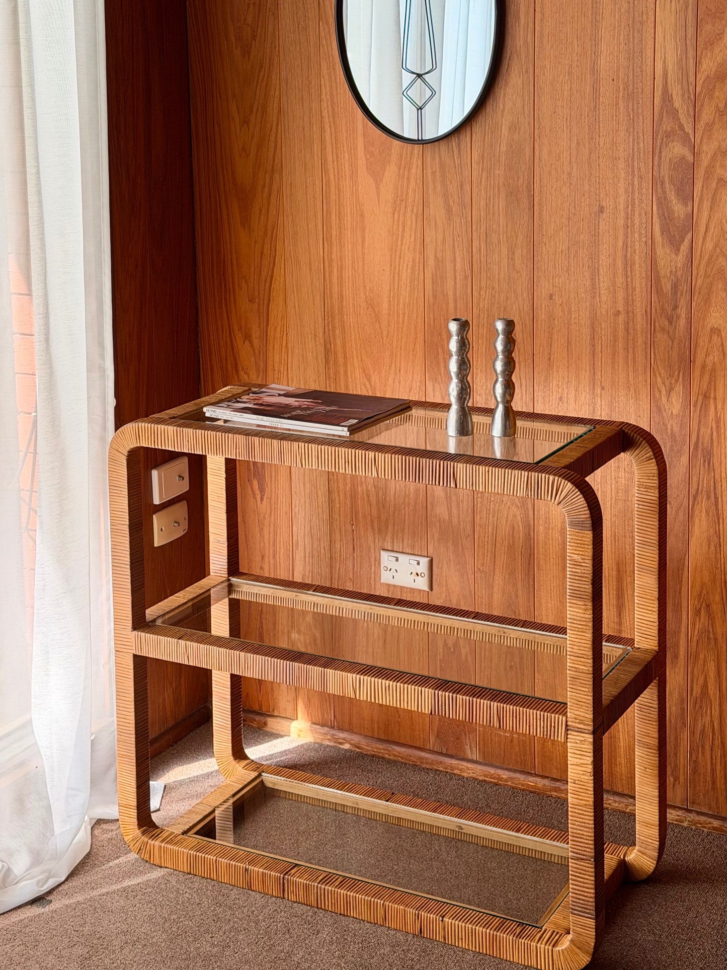 Vintage Glass and Wicker Console Table