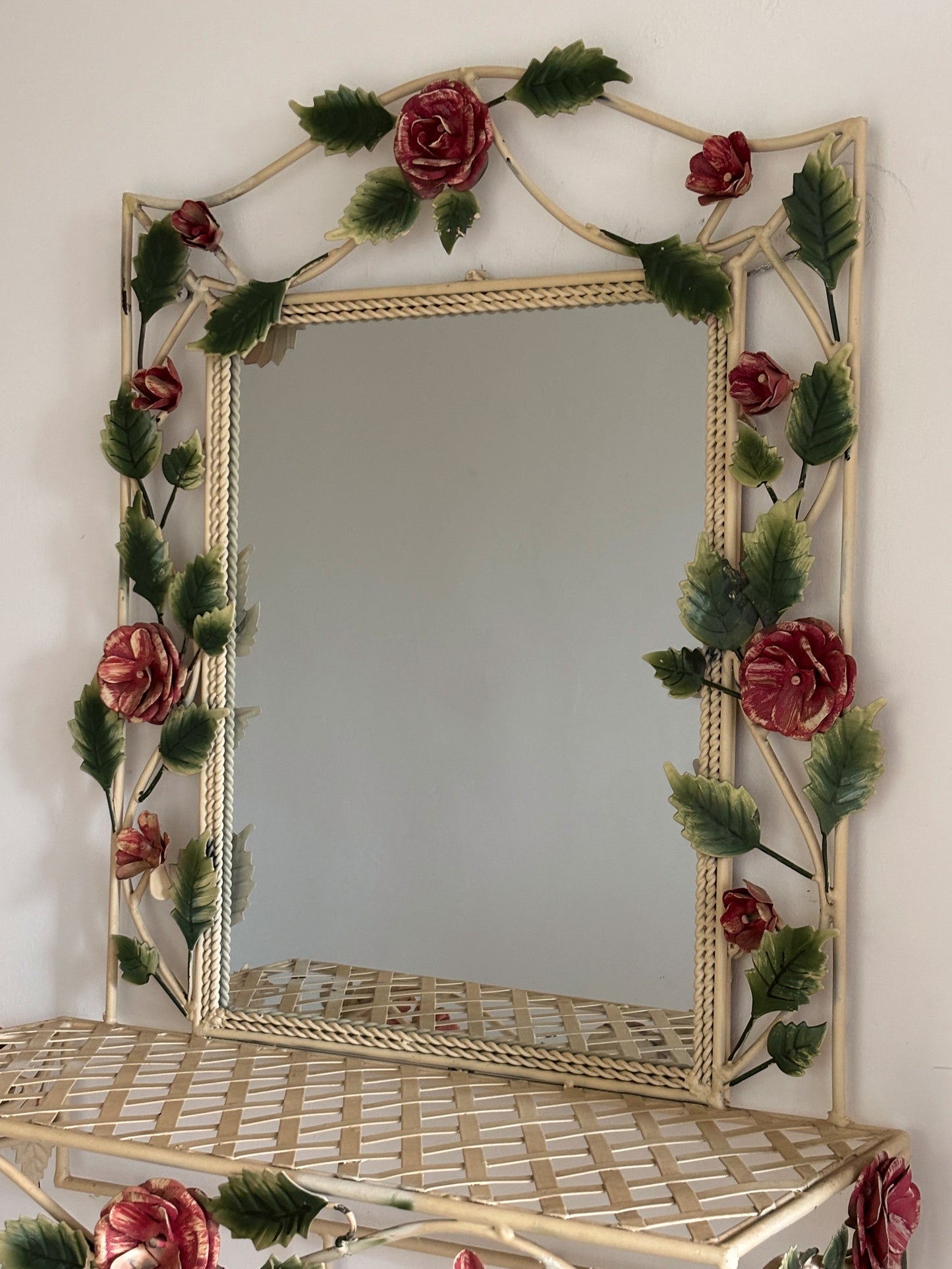 Vintage Italian Tole Hand Painted Mirror with Shelf