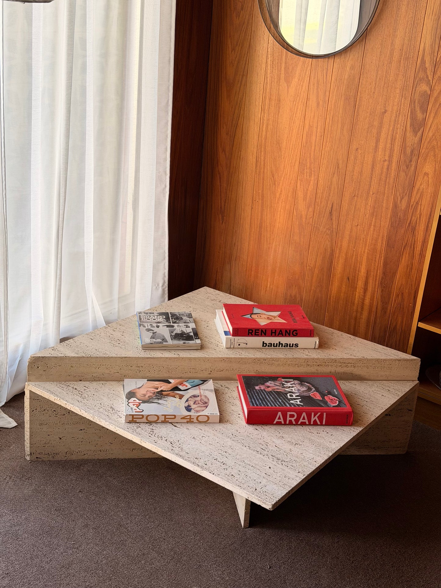 Vintage Triangle Split Level Unfilled Travertine Coffee Table