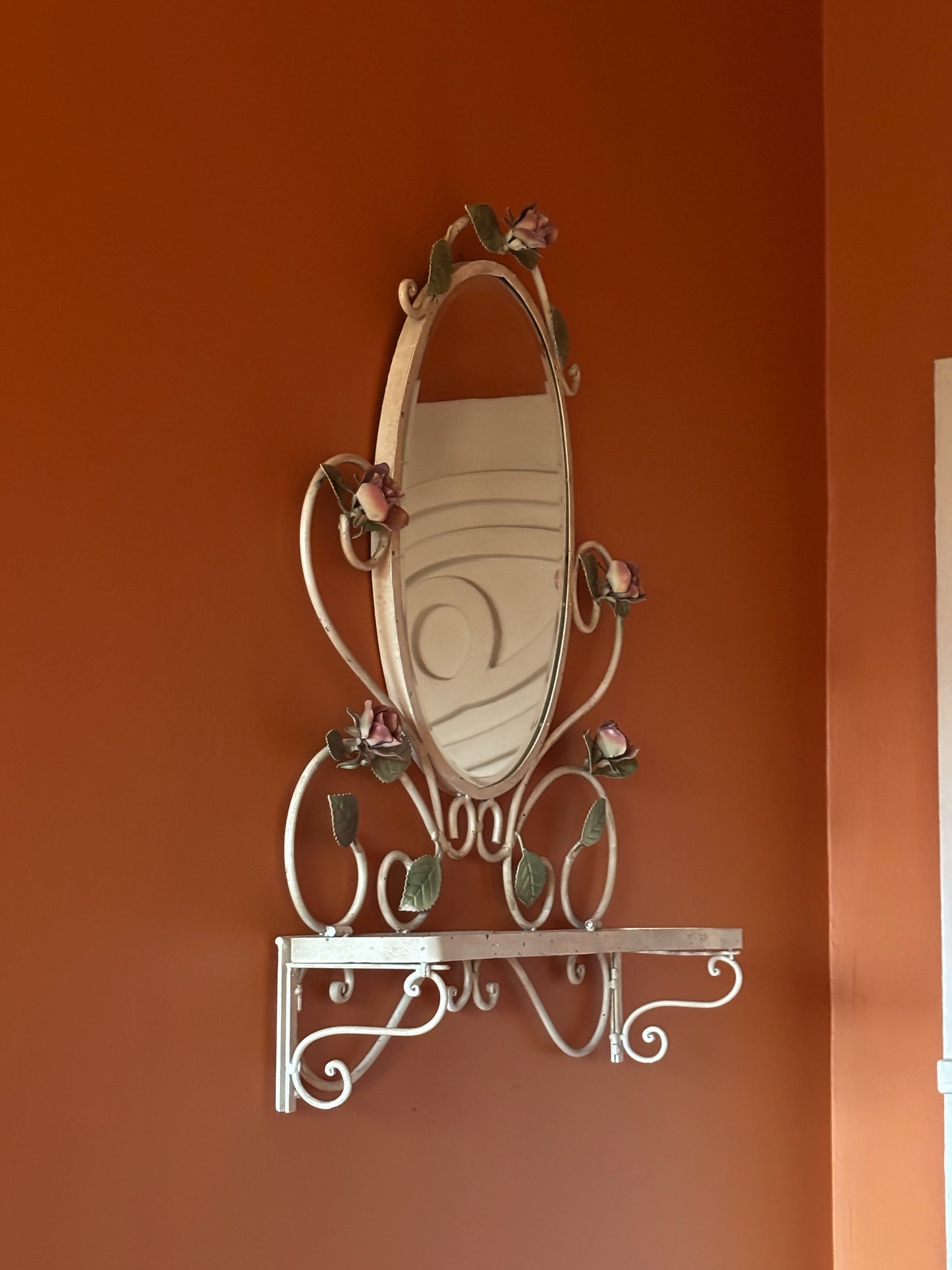 Vintage Tole Hand Painted Mirror with Shelf
