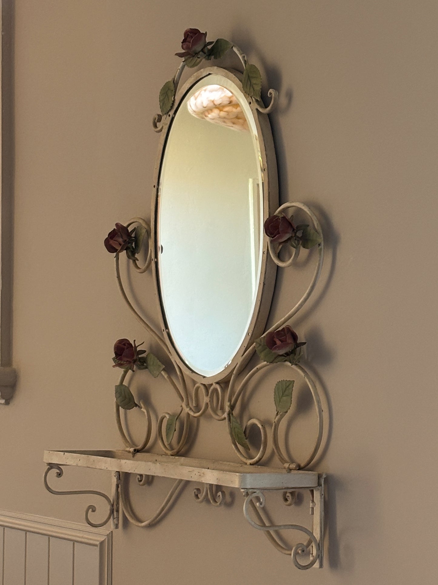 Vintage Tole Hand Painted Mirror with Shelf