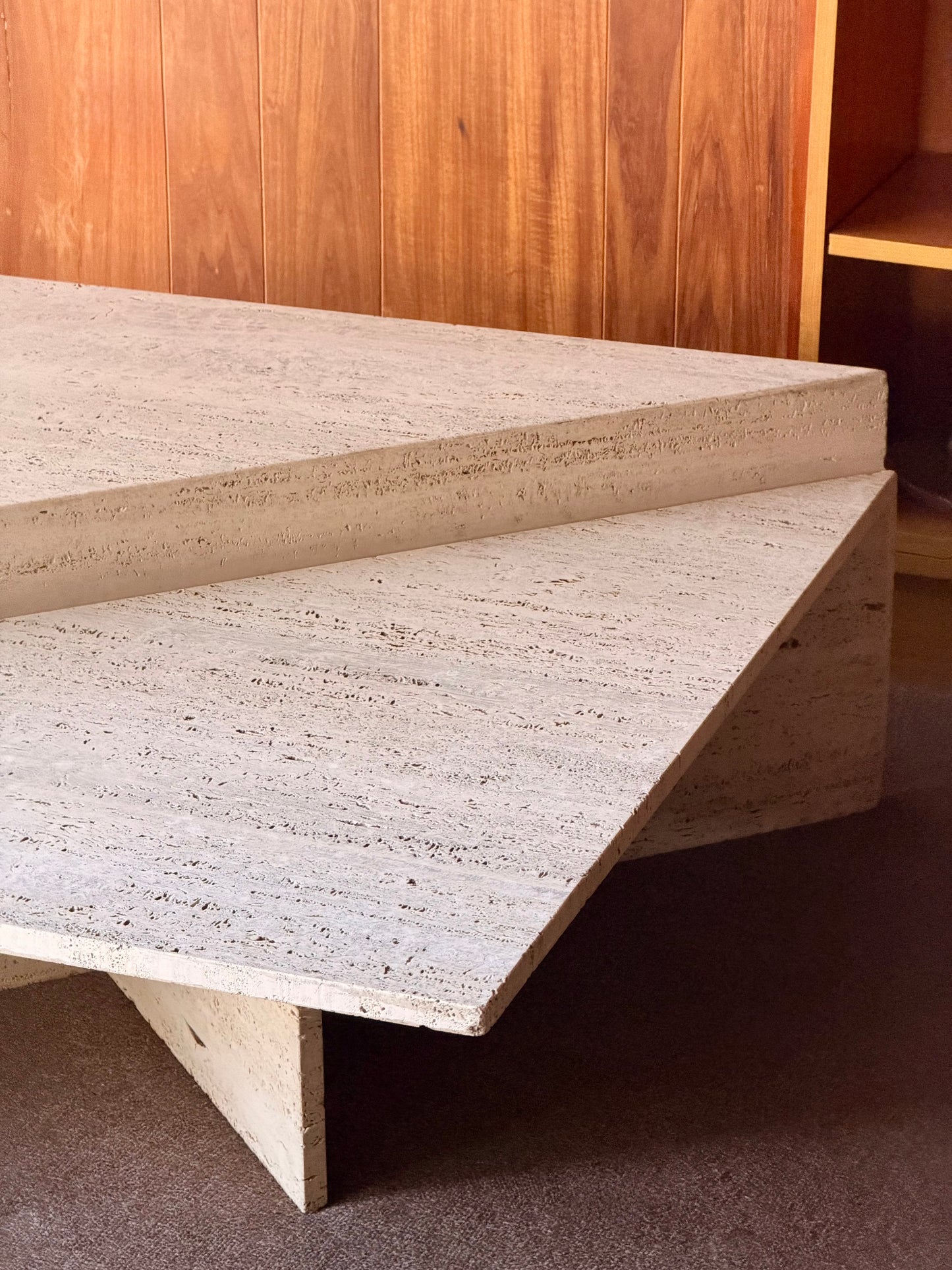Vintage Triangle Split Level Unfilled Travertine Coffee Table