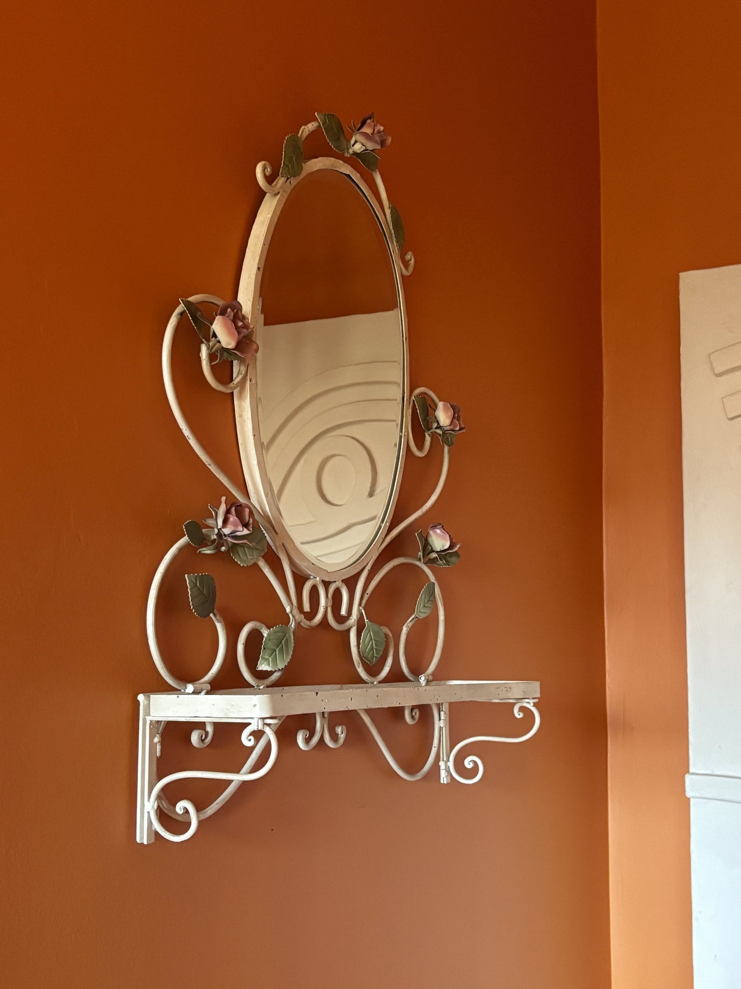 Vintage Tole Hand Painted Mirror with Shelf
