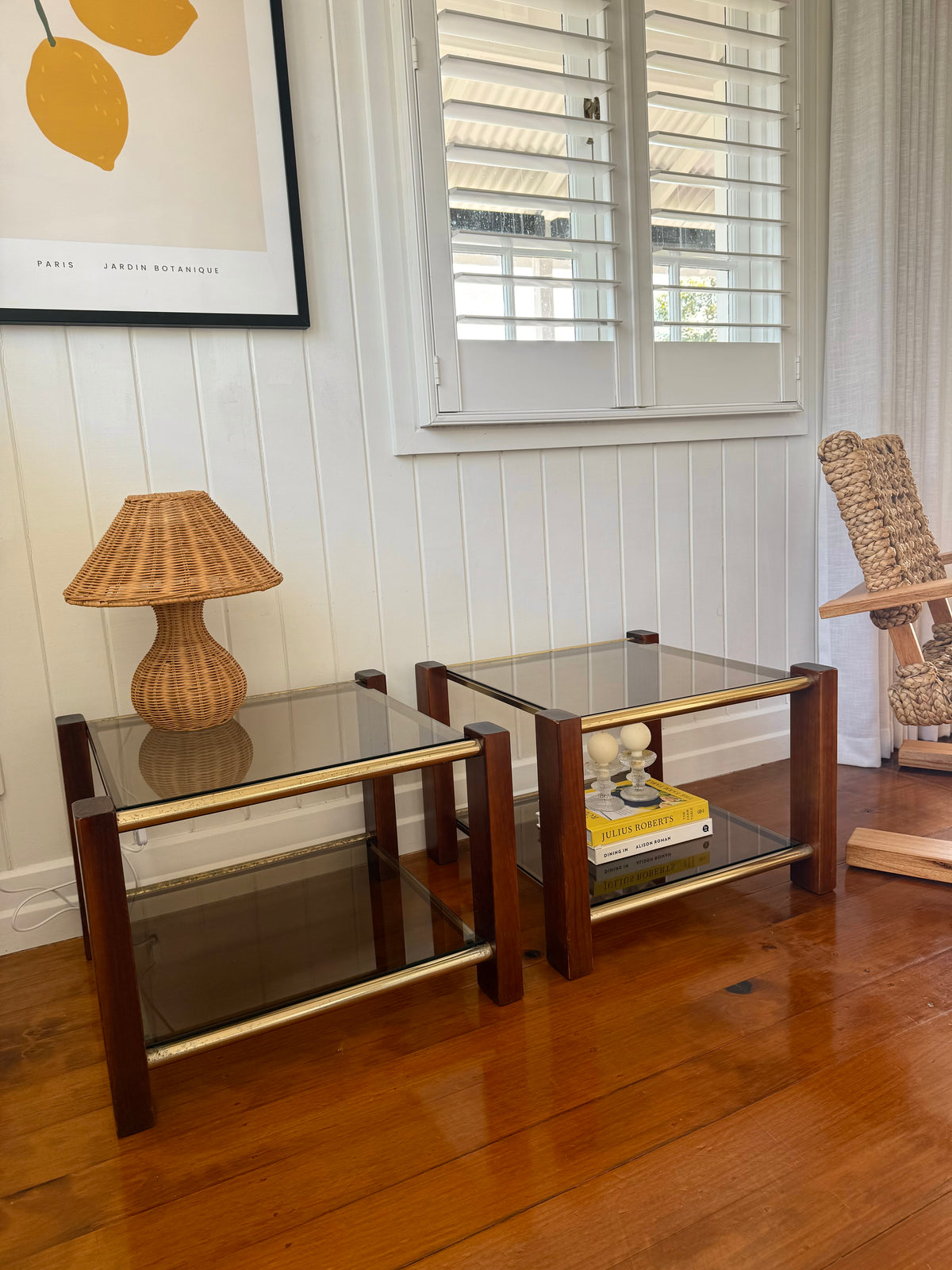 Pair of vintage timber and brass side tables