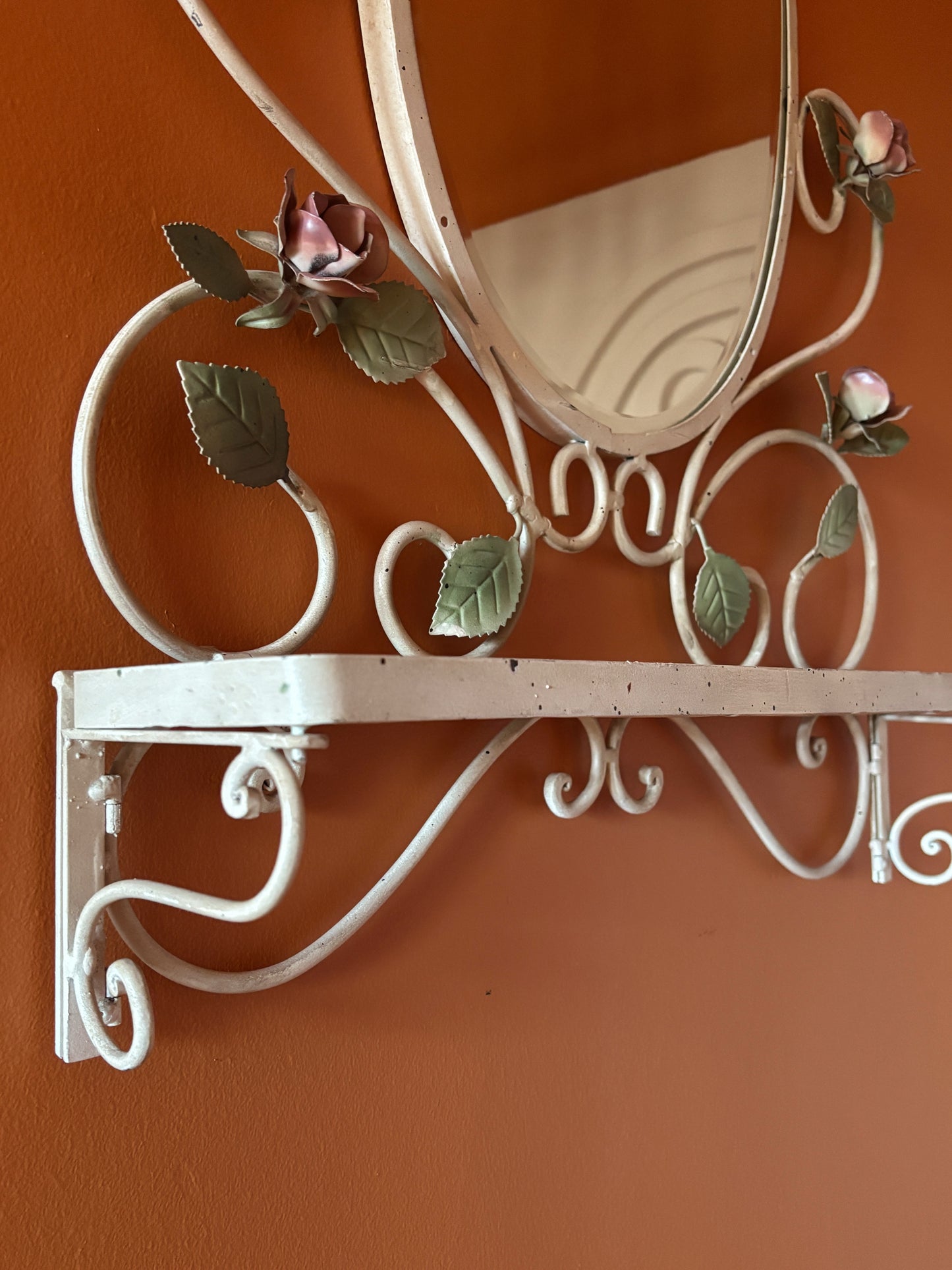 Vintage Tole Hand Painted Mirror with Shelf