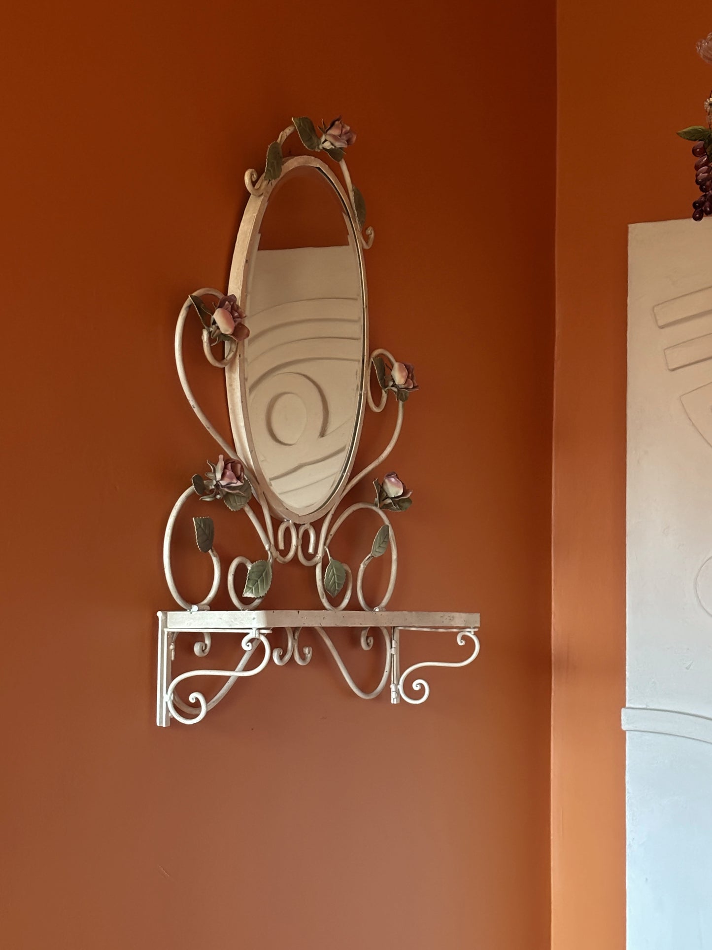 Vintage Tole Hand Painted Mirror with Shelf