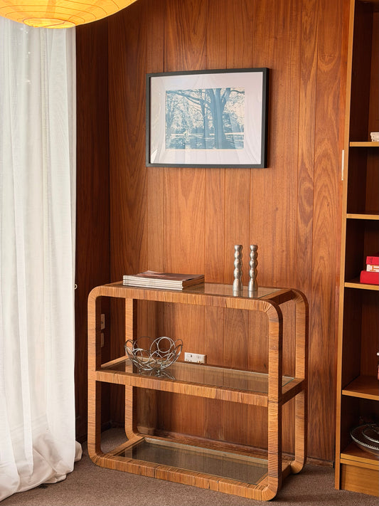 Vintage Glass and Wicker Console Table